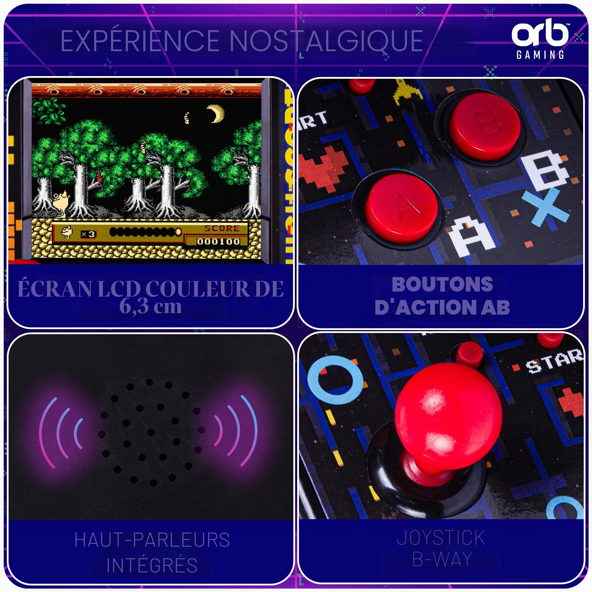 Orb Mini Machine d'arcade, 300 Jeux intégrés, Jeux d'arcade rétro 8 Bits, écran Couleur 2,5", Joystick 8 Voies, 2 Boutons, contrôle du Volume