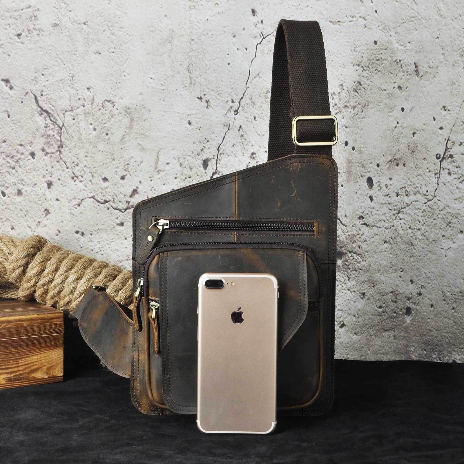 Le’aokuu Herren Echtes Leder Brusttasche Crossbody Bag Sling Bag Schultertasche Gurteltasche Umhängetasche Rucksack Brustbeutel Für Outdoor Sport Reisen B214 (B214 Dunke Braun 2)
