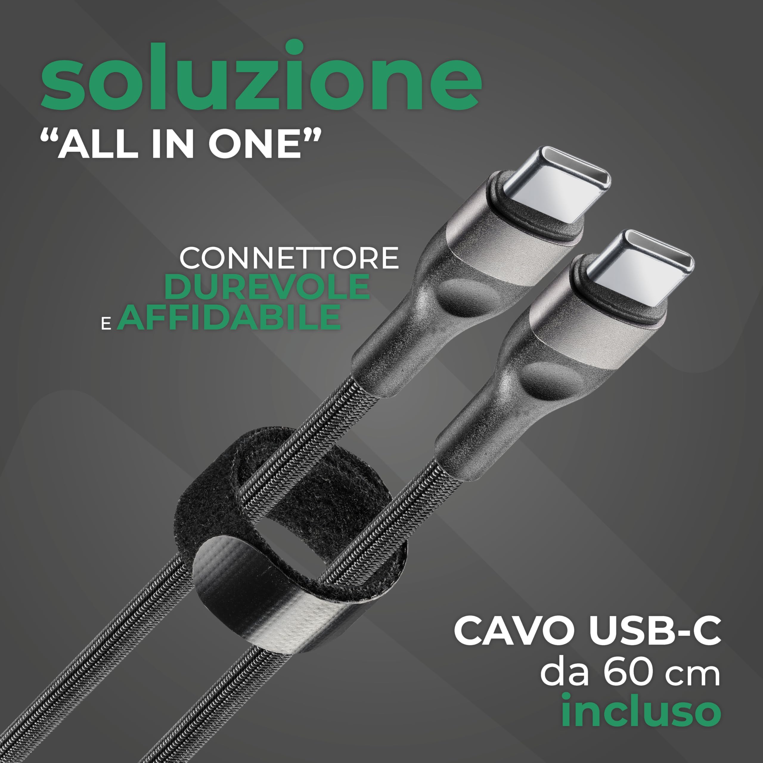 Caricabatterie Rapido 65W - 2 Porte: 1xUSB-C 20W PD + 1xUSB-C 45W PD - Cavo USB-C 1m Incluso - LED Attivo - Ricarica Sicura in Auto - Adatto a Tutti Gli Smartphone, Tablet e Laptop - Nero