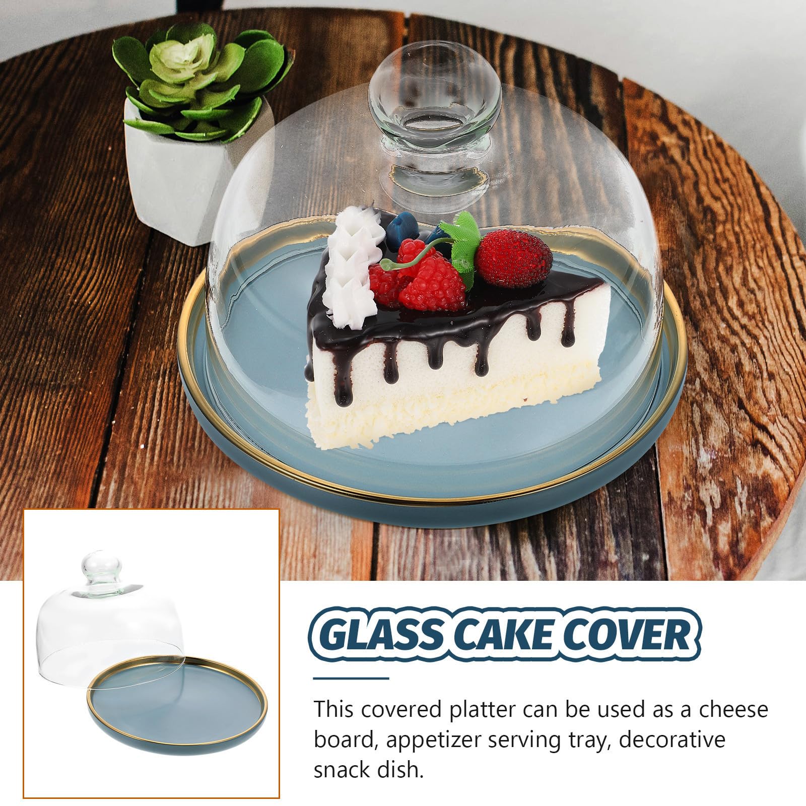 Uonlytech Cúpula de Cristal con Bandeja para Tartas y Postres, Soporte para Tarta de Boda en Vidrio Azul, Mantiene Frescura y Protege Alimentos en Celebraciones
