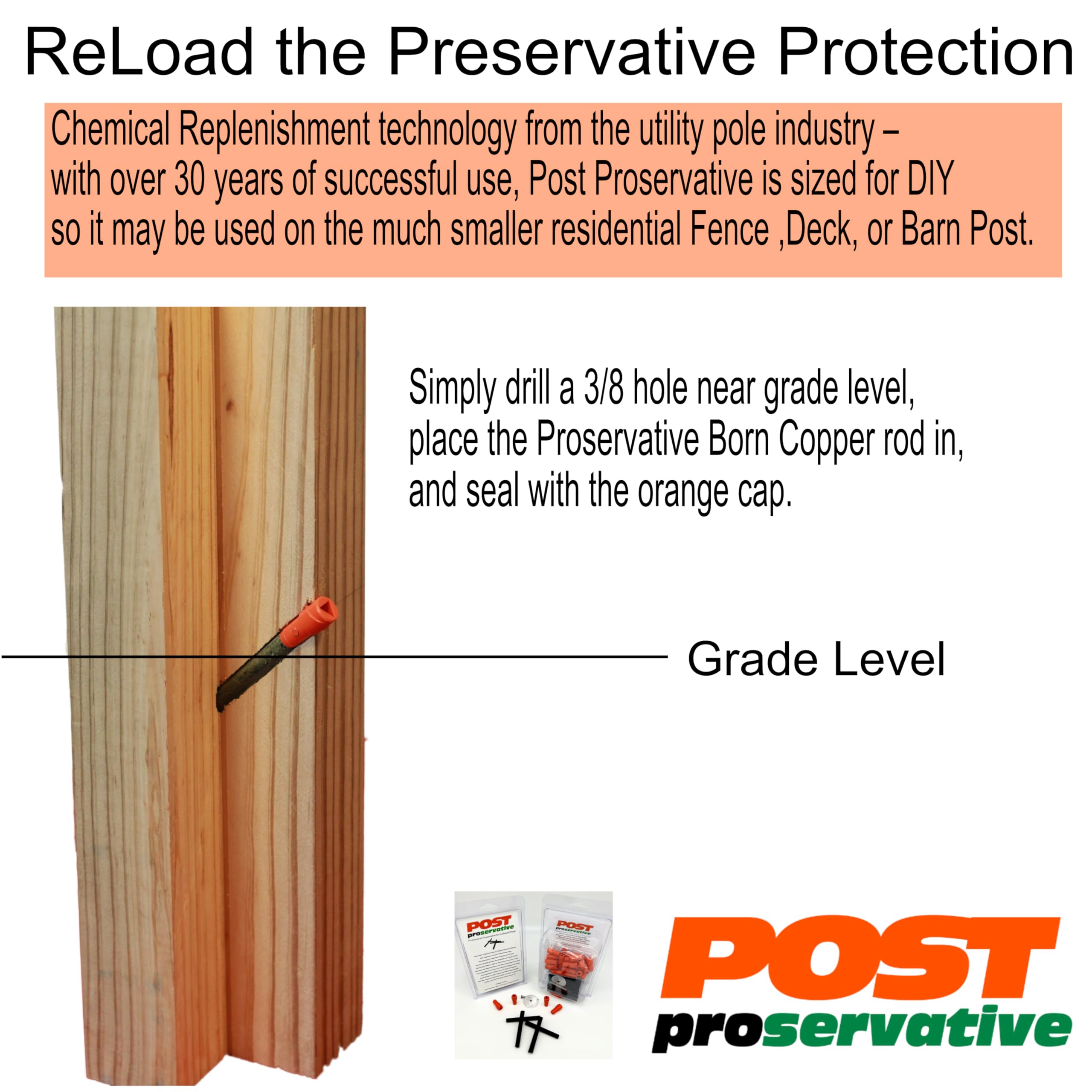 Post Proservative, Fence Repair Kit to Re-Treat existing posts, 24 Piece Kit with Date Tag and Plugs, DIY treatment for fence post repair - replenishes the post preservative and extends post life.