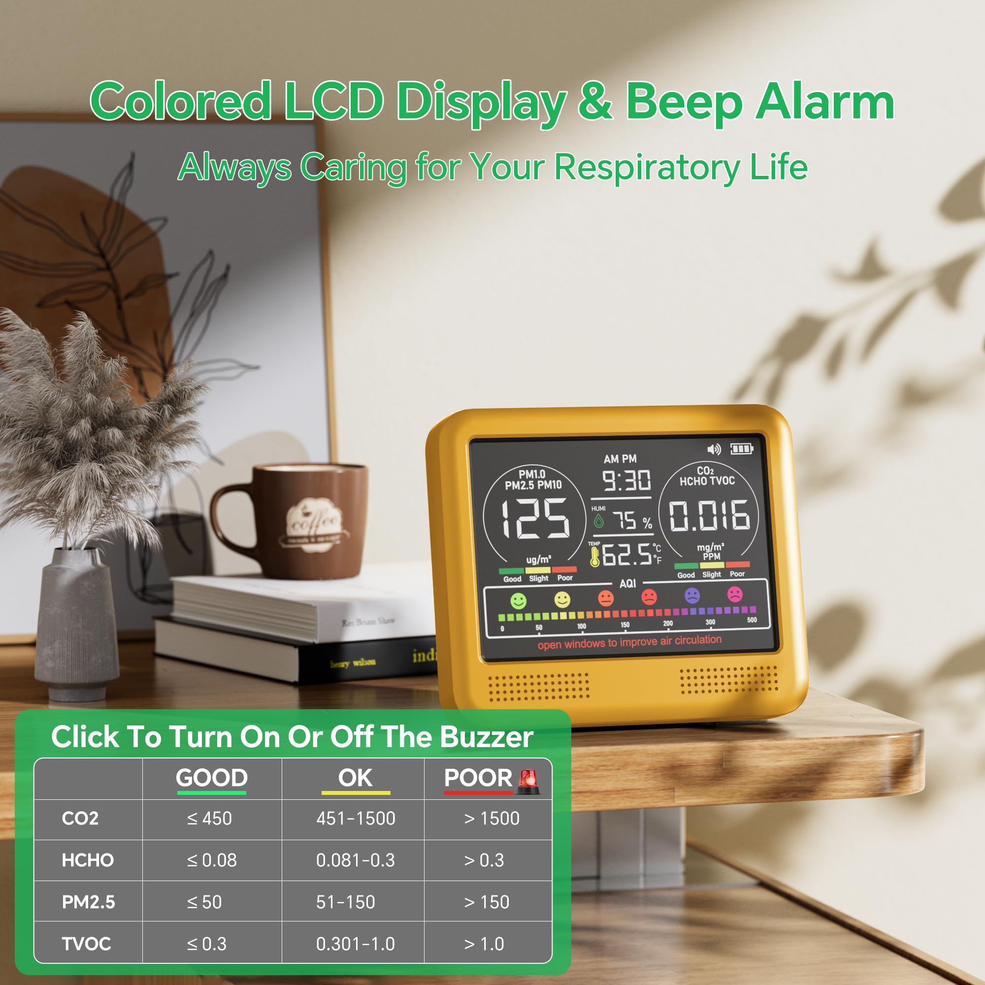 Monitor de calidad del aire interior 16 en 1 con PM1.0, PM2.5, PM10, CO2, HCHO, TVOC, temperatura, humedad, visualización de hora y 7 alarmas AQI, probador profesional de calidad del aire para