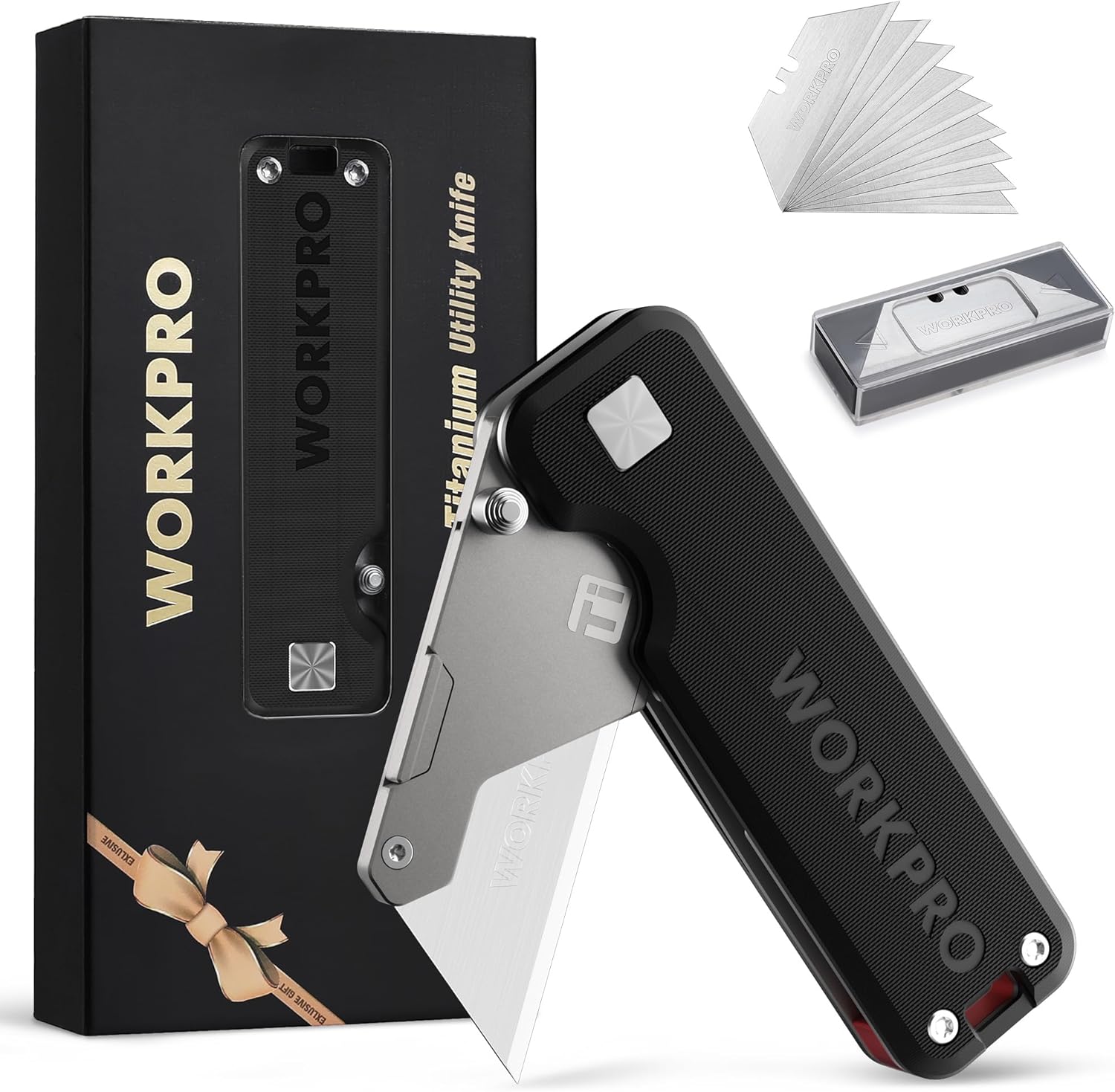 WORKPRO Premium Titanium Utility Knife, CNC Unibody, Lightweight G-10Handle Folding Box Cutter, Quick Change Blade Razor Knife,Ideal Gifts for Men Women, with 10 Extra Blades