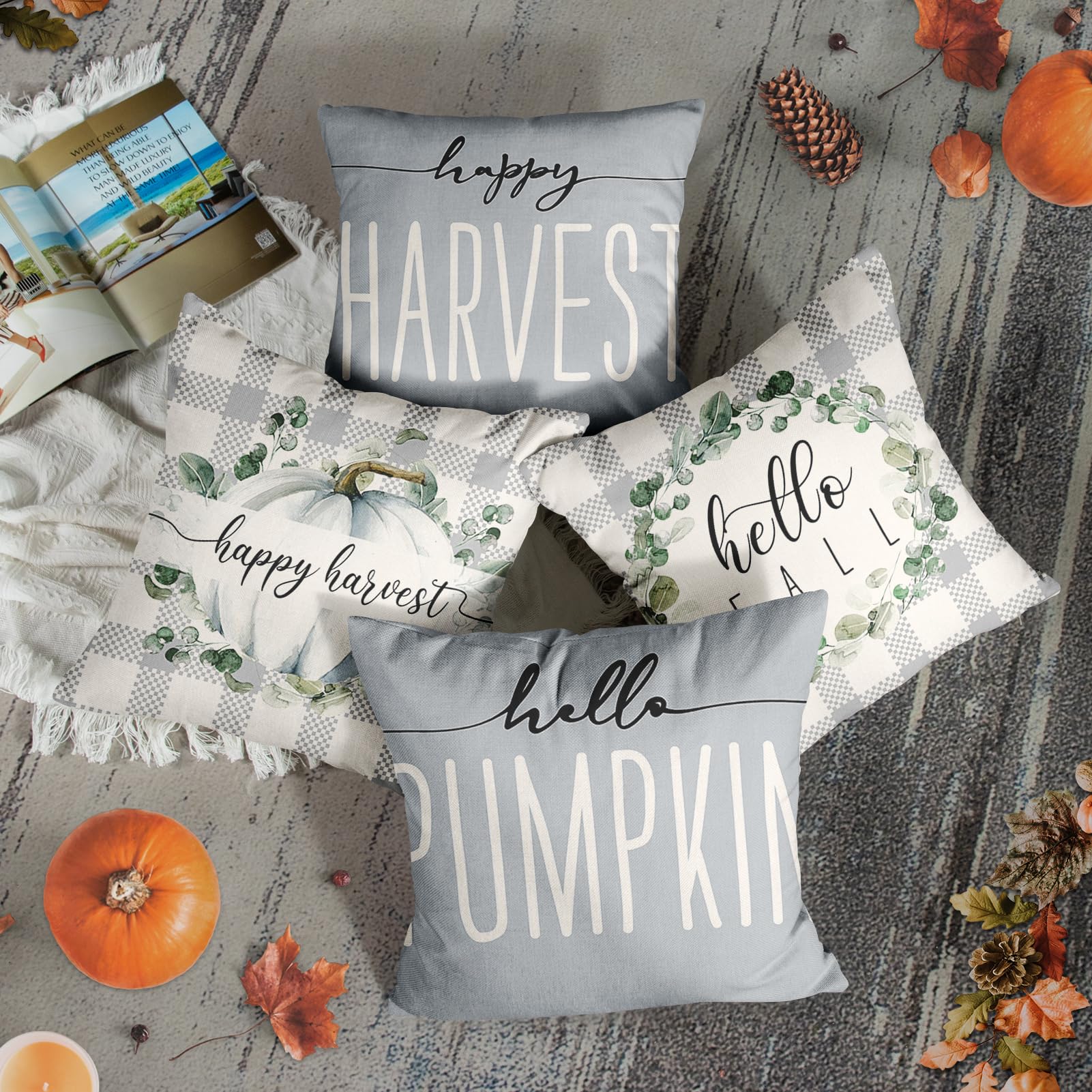 Set of 4 Hello Fall Pumpkin Throw Pillow Covers, 18x18Inch