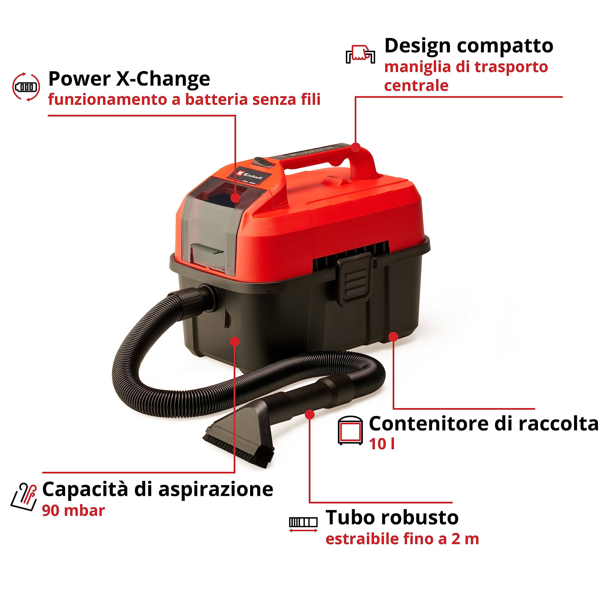 Einhell TE-VC 18/10 Li-Solo Power X-Change Aspirasolidi e liquidi 10 L 2 m