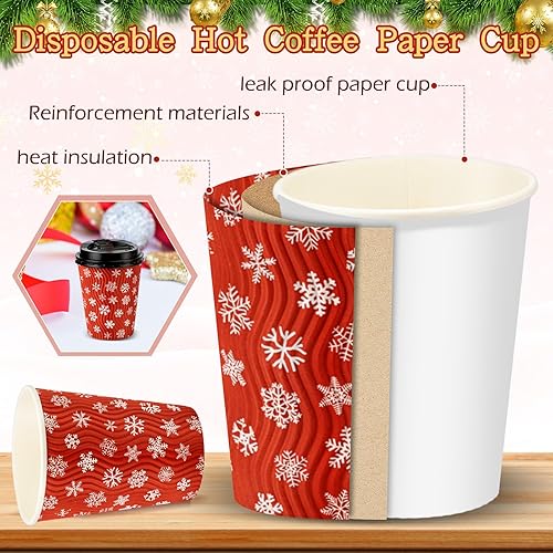 Miniatura 9 de 100 tazas de Navidad con tapa, tazas de café desechables de 12 onzas a granel, tazas de papel de pared onduladas aisladas, tazas de té navideñas