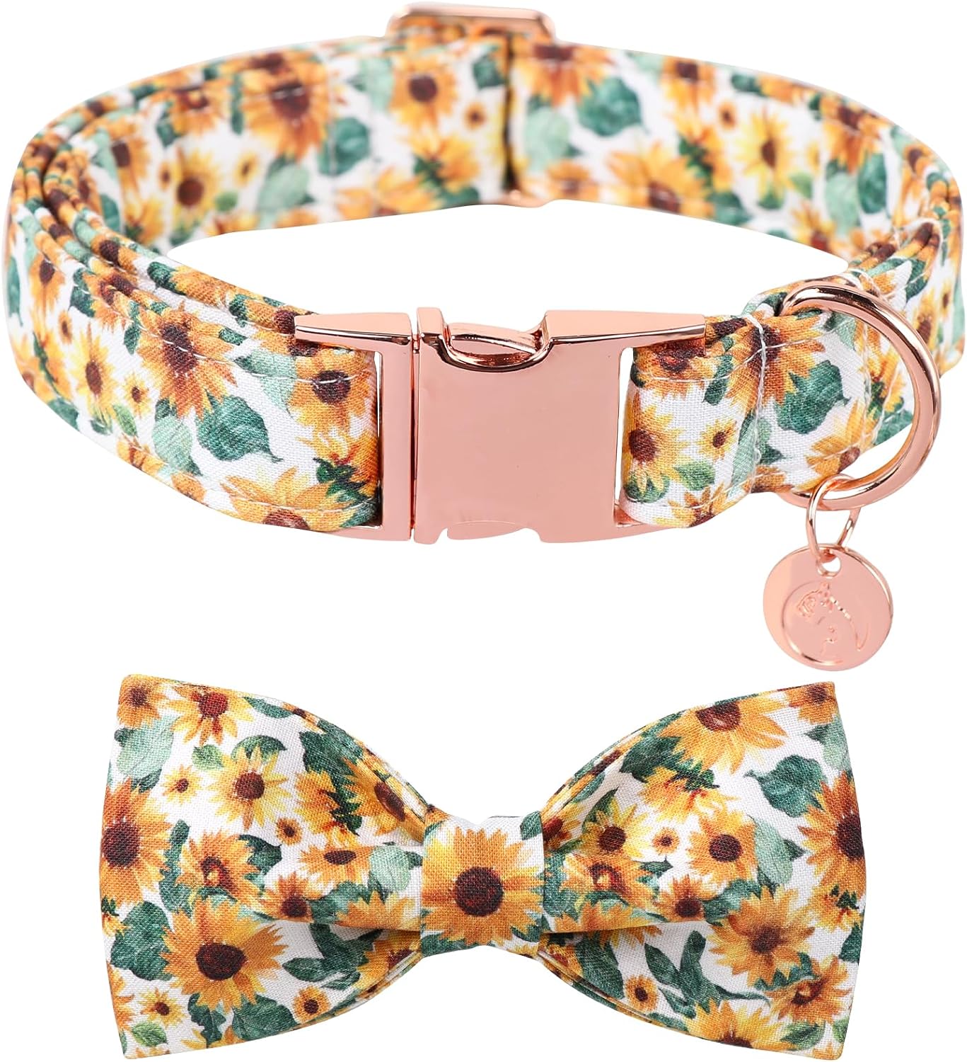 DOGWONG Sunflower Dog Collars with Detachable Bow - Spring Adjustable Cotton Dog Collar - Perfect Female Dog Collar for Small Medium Large Dogs