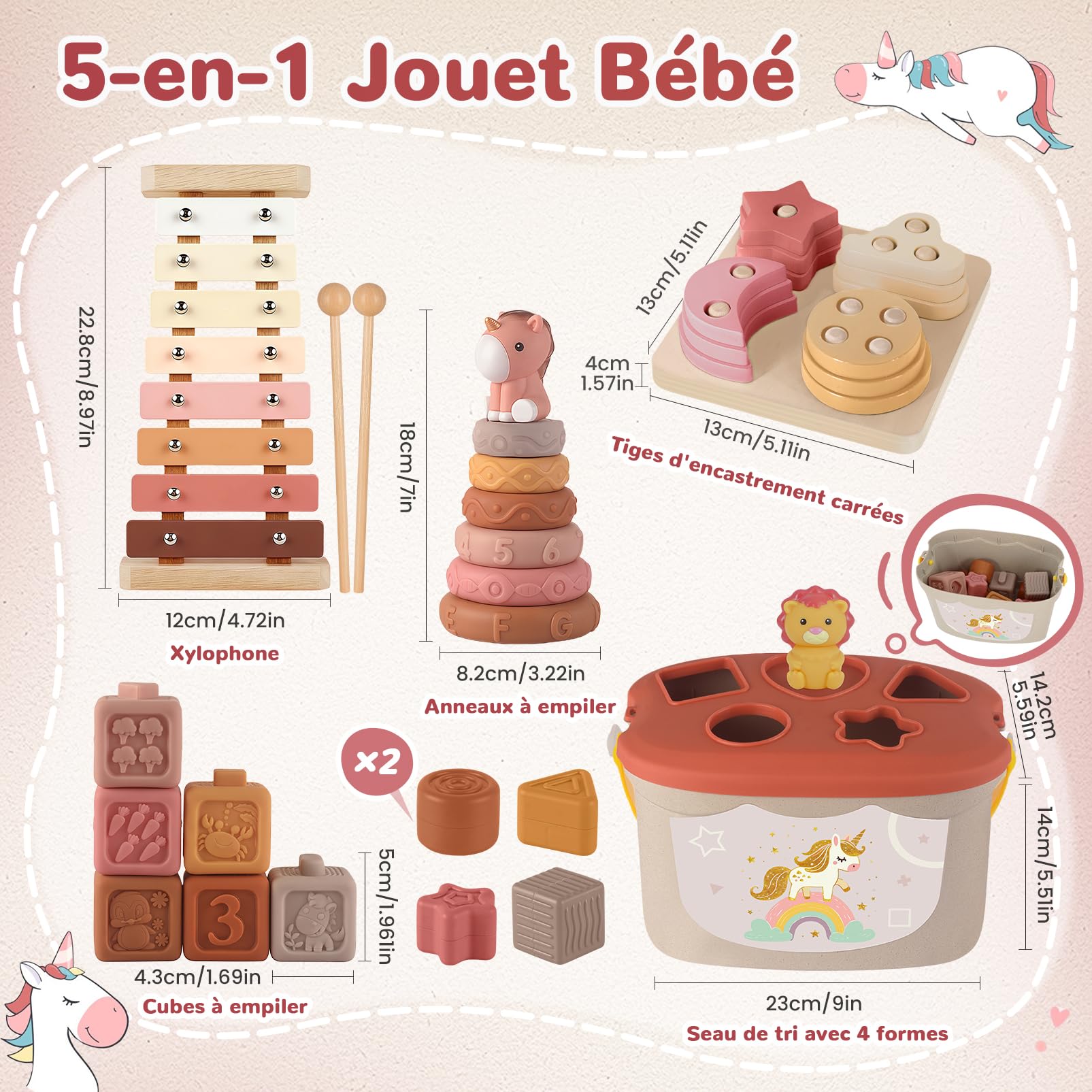 Jouet Bebe 6 Mois, 5-en-1 Jouet Montessori Bébé 6-12 Mois - Jeux d'eveil Bebe 6-12 Mois avec Xylophone en Bois, Cubes à Empiler et Trieur de Formes,Jouet Sensoriel Cadeau Bebe Éducatif