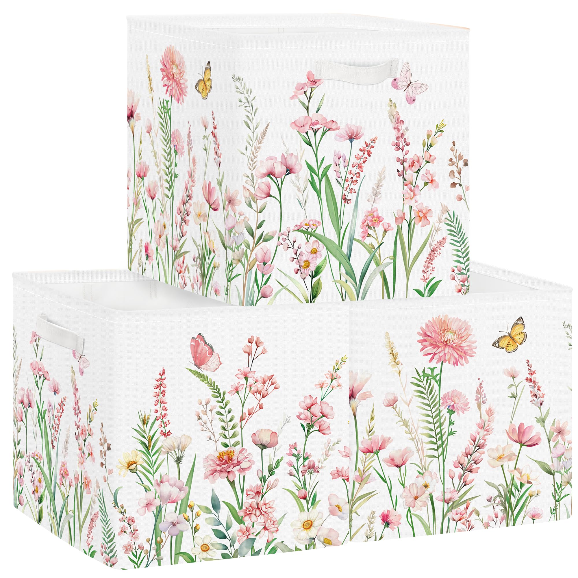 Clastyle Pink Wild Flower Kid Storage Basket Set Spring Butterfly Plants Foldable Closet Clothes Organizer Nursery Toddler Toy Bin Women Girl Book