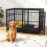 Vista 7 de Asee'm Jaula de perro resistente de 48 pulgadas con ruedas para perros grandes, jaula indestructible a prueba de escapes para perros de alta
