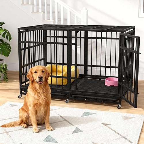 Miniatura 7 de Asee'm Jaula de perro resistente de 48 pulgadas con ruedas para perros grandes, jaula indestructible a prueba de escapes para perros de alta