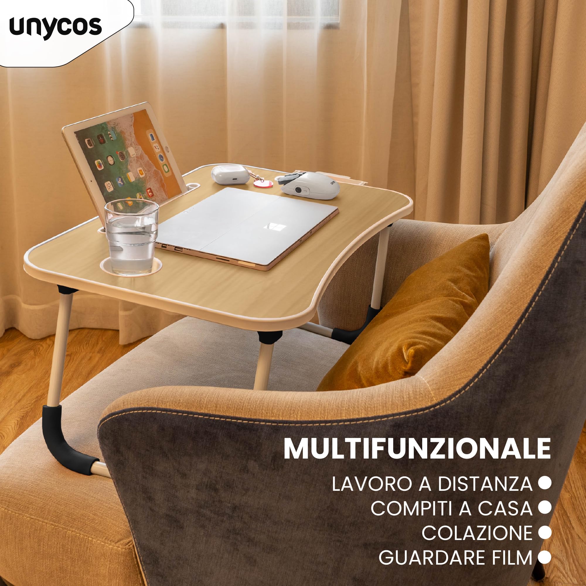 unycos - Vassoio per la Colazione e da Letto【60x40x26 cm】Tavolo Pieghevole con Leggio, Supporto Multifunzionale per Computer Portatile, Tablet, Lavorare, Leggere (Noce con Cassetto)