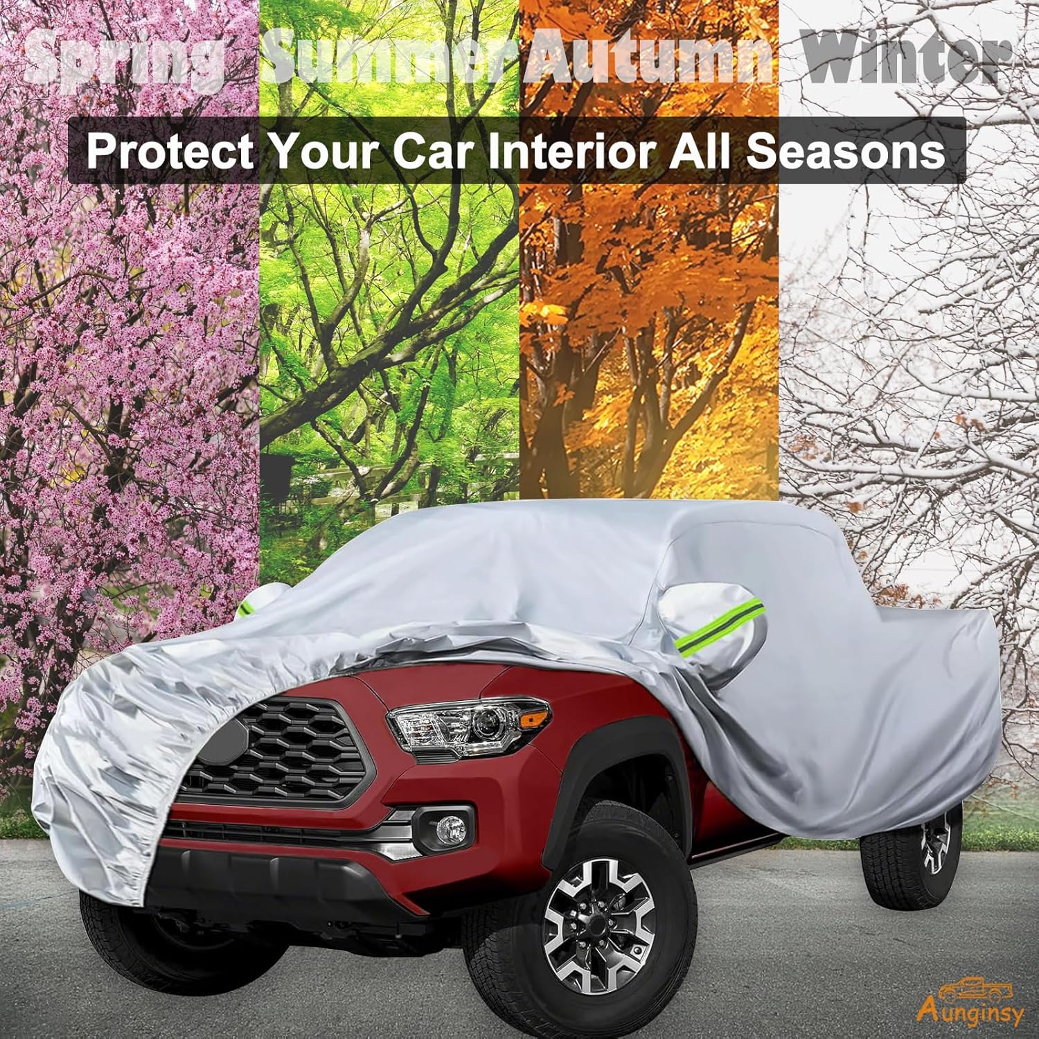 Aunginsy Car Cover Compatible with Toyota Tacoma 2016-2026, All Weather Snowproof UV Protector Windproof Outdoor Full Car Cover Heavy Duty with Reflective Strip Pattern Accessories with Storage Bag