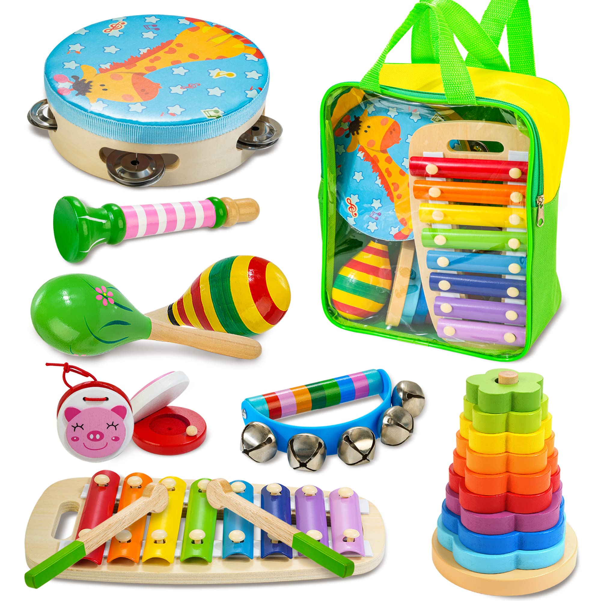 JUSTWOOD Instrumentos Musicales para niños, Juguetes Musicales de Madera 12pcs, Juguetes sensoriales para niños en Edad Preescolar, Regalos de cumpleaños para niños Mayores de 3 años