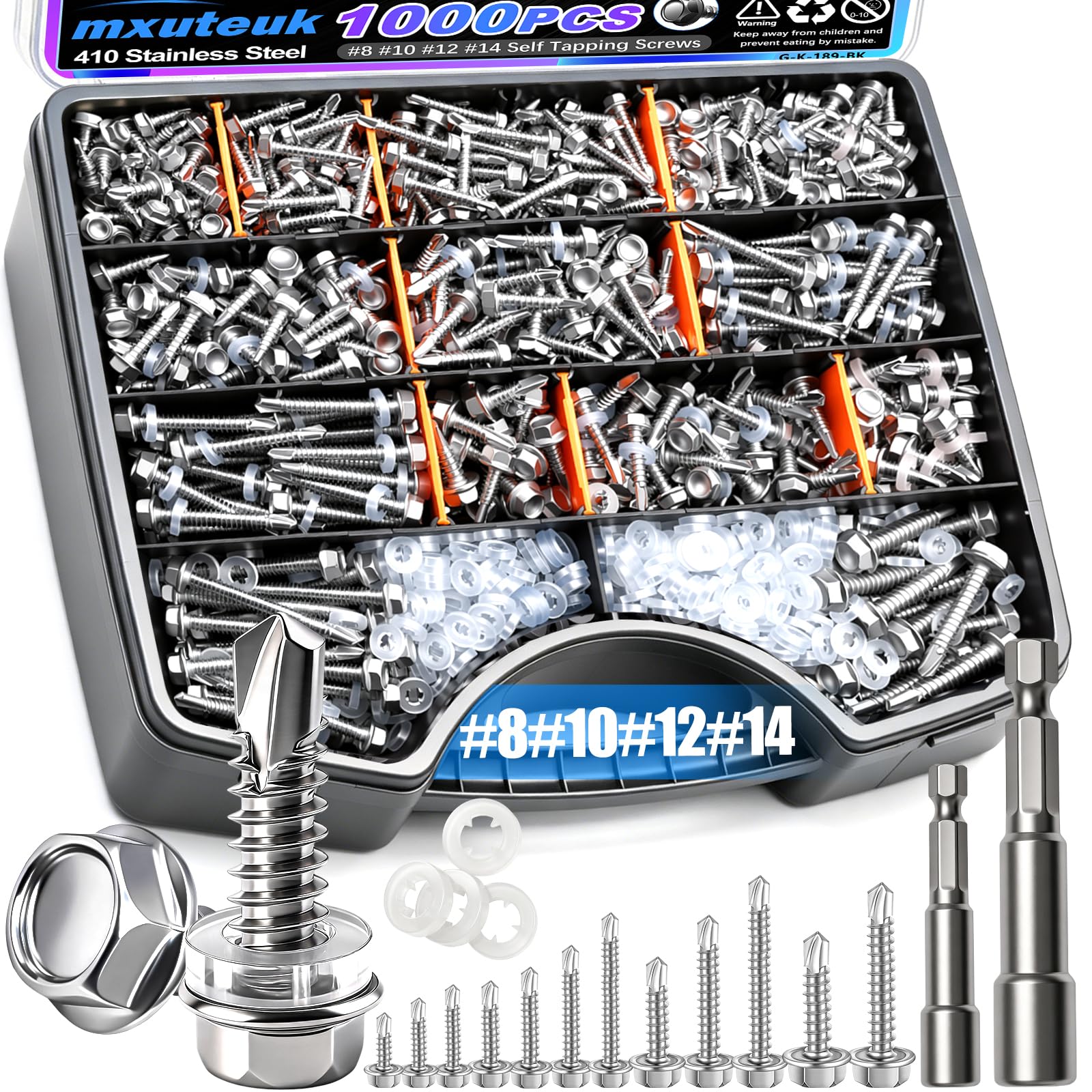mxuteuk 230PCS #8 Self Tapping Screws for Metal,410 Stainless Steel Self Drilling Screws,1/2",5/8",3/4",1",1-1/4" Truss Head Sheet Metal Screws with Rubber Washers for Metal,Plastic,Wood(115pcs Sets) — Amazon image 32
