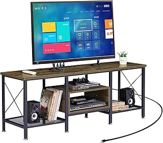 VECELO TV Stand with Power Outlets for 65 Inch Industria Media Entertainment Center with Charging Station, 3-Tier Open Shelves & Metal Frame for Living Room, Bedroom, 55 Inch, Brown