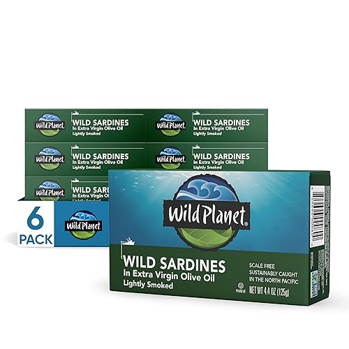 Wild Planet Sardinas silvestres en aceite de oliva virgen extra con sal marina, sin piel y sin hueso, ceto y paleo, 4.25 onzas, paquete de 6