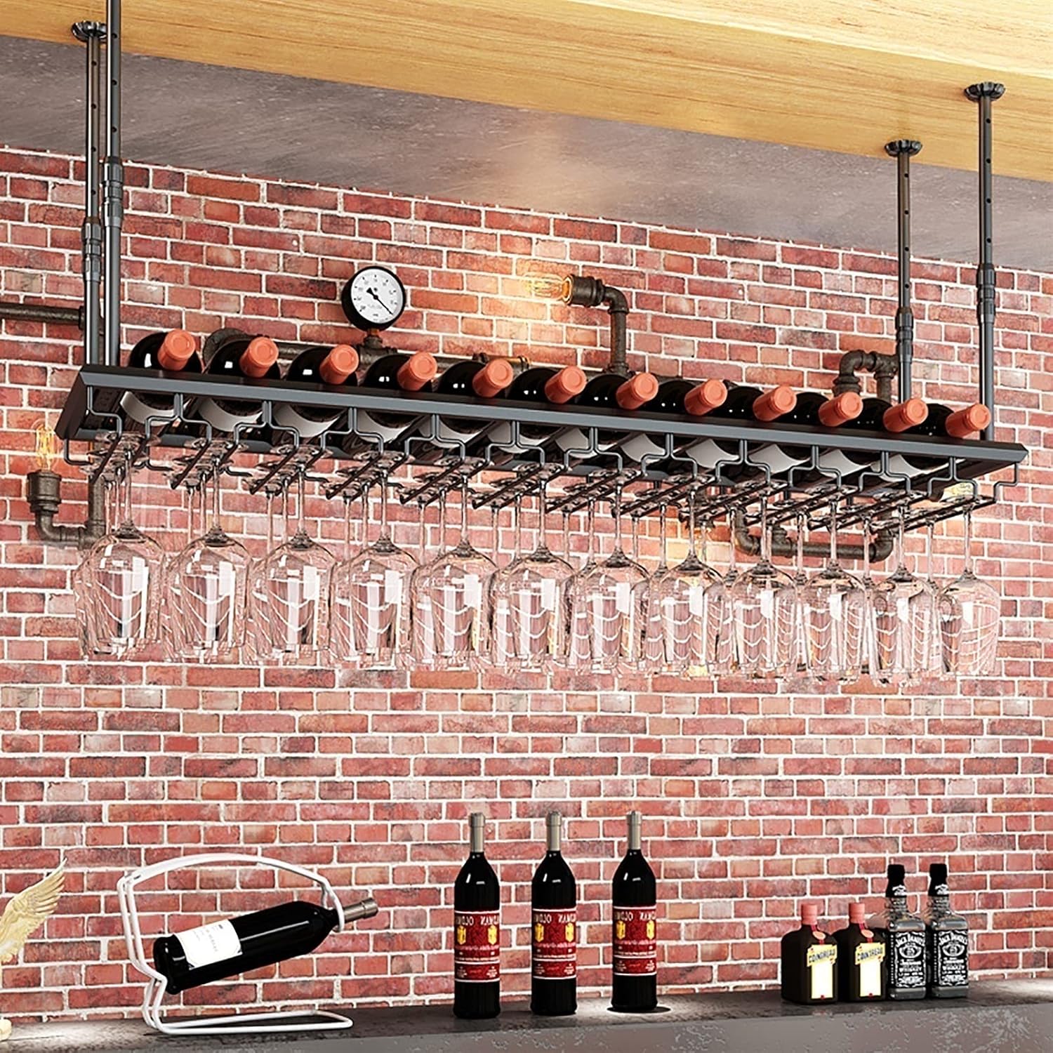 Hanging Wine Glass Holder Ceiling Wine Racks,Adjustable Height,Vintage Wine Holder Stemware Goblets,Wine Bottle Holder,Hanging Wine Glass Hanger,Suitable for Bars,Kitchens,Restaura