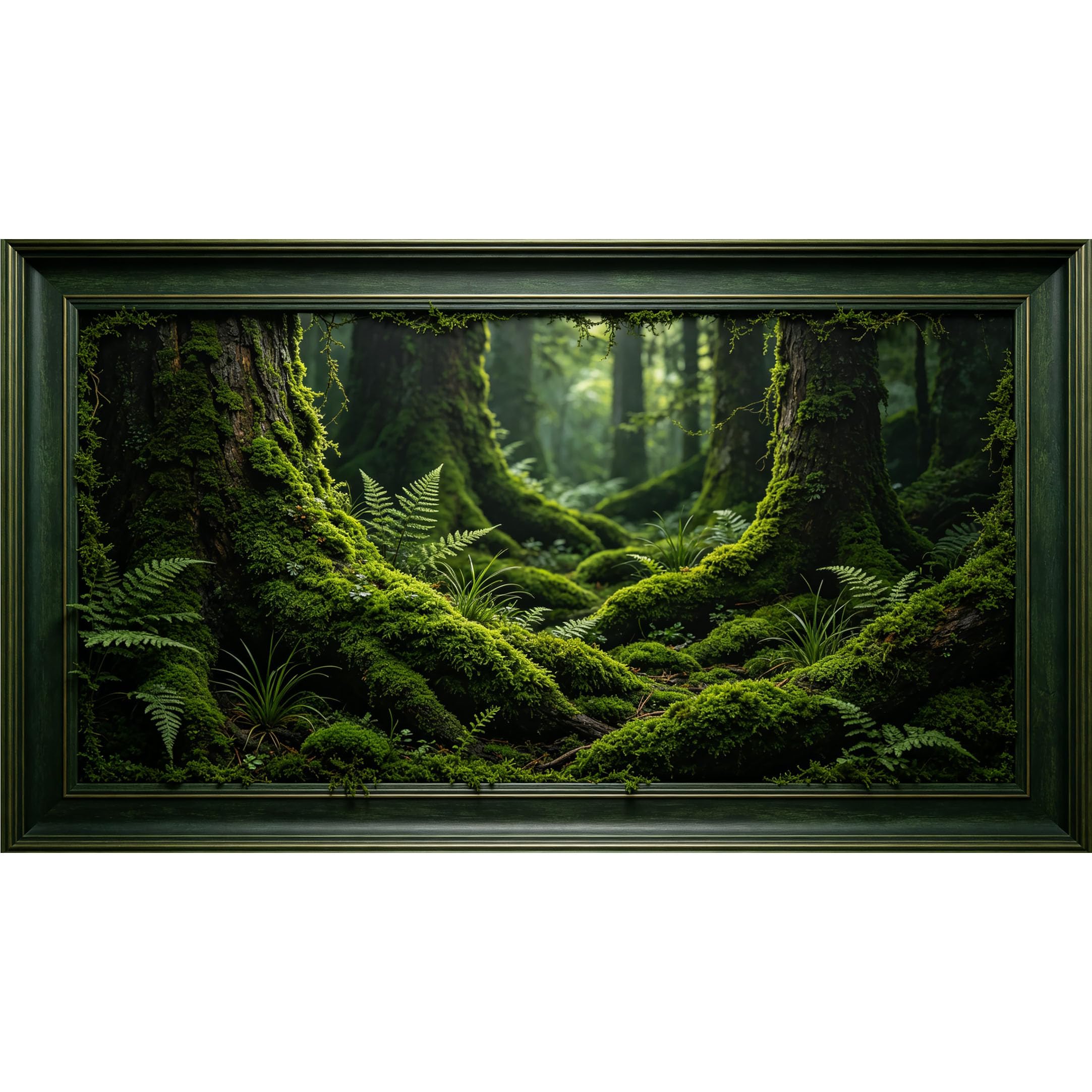 QZLITHOTIC 50×90cm3D Framed Wall Art， Lush Mossy Forest Fern Landscape Self?Adhesive Mural， Water?Activated Peel & Stick Fabric Decor Wall Decal for Bedroom Living Room