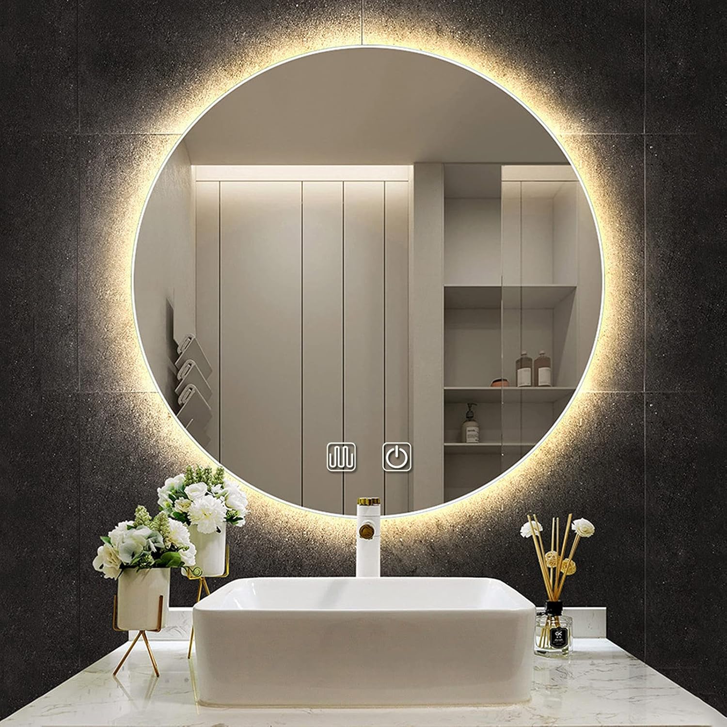 LED Circle Wall Mirror Bathroom Mirror Backlit Makeup Mirror Bathroom Decorative Wall Mounted Mirror Anti-Fog and Waterproof Double
