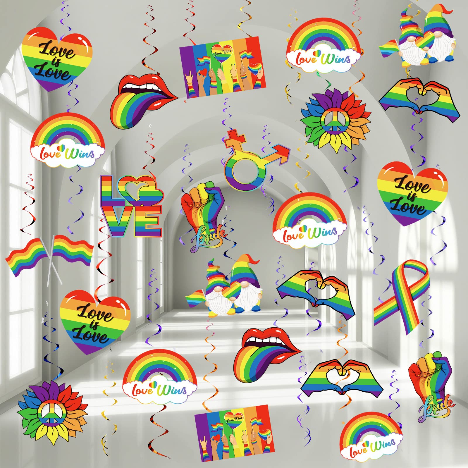 Faccito 54 Pcs Pride Decorations Gay Rainbow Hanging Decor Pride Month Ceiling Hanging Swirls Love is Love Bisexual Party Decoration for Lesbian LGBTQ Parade Bisexual Rainbow Party Supplies Decor