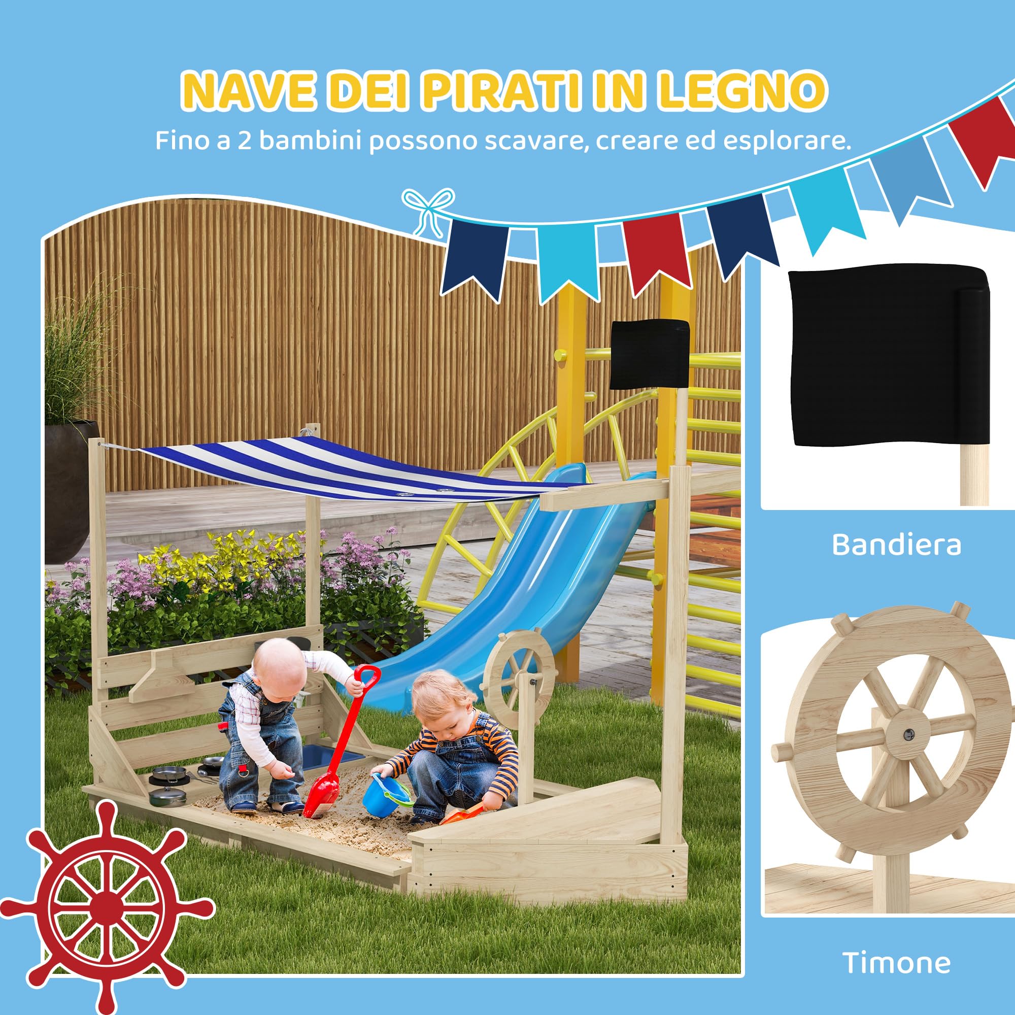 Outsunny Sabbiera per Bambini in Legno di Abete con Tettuccio regolabile e Set da Cucina Giocattolo, Sabbionaia per Bambini con 2 Sedili, 180x103x144.5 cm, Color Legno