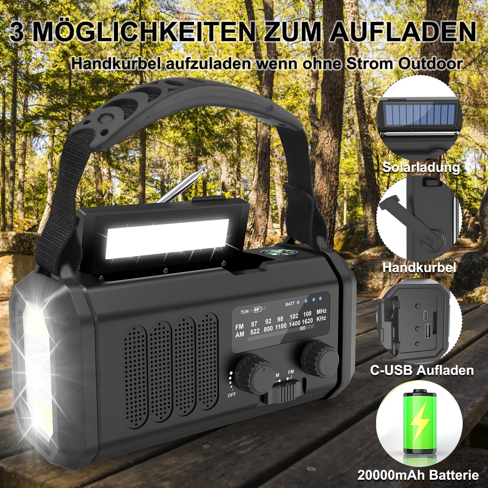 Solar Radio, Tragbar Kurbelradio AM/FM Notfallradio mit 10000/20000mAh Wiederaufladbar Powerbank, 3 Modi LED Taschenlampe, SOS Alarm,USB-C Handyladung für Camping Ourdoor (Schwarz, 20000 mAh)
