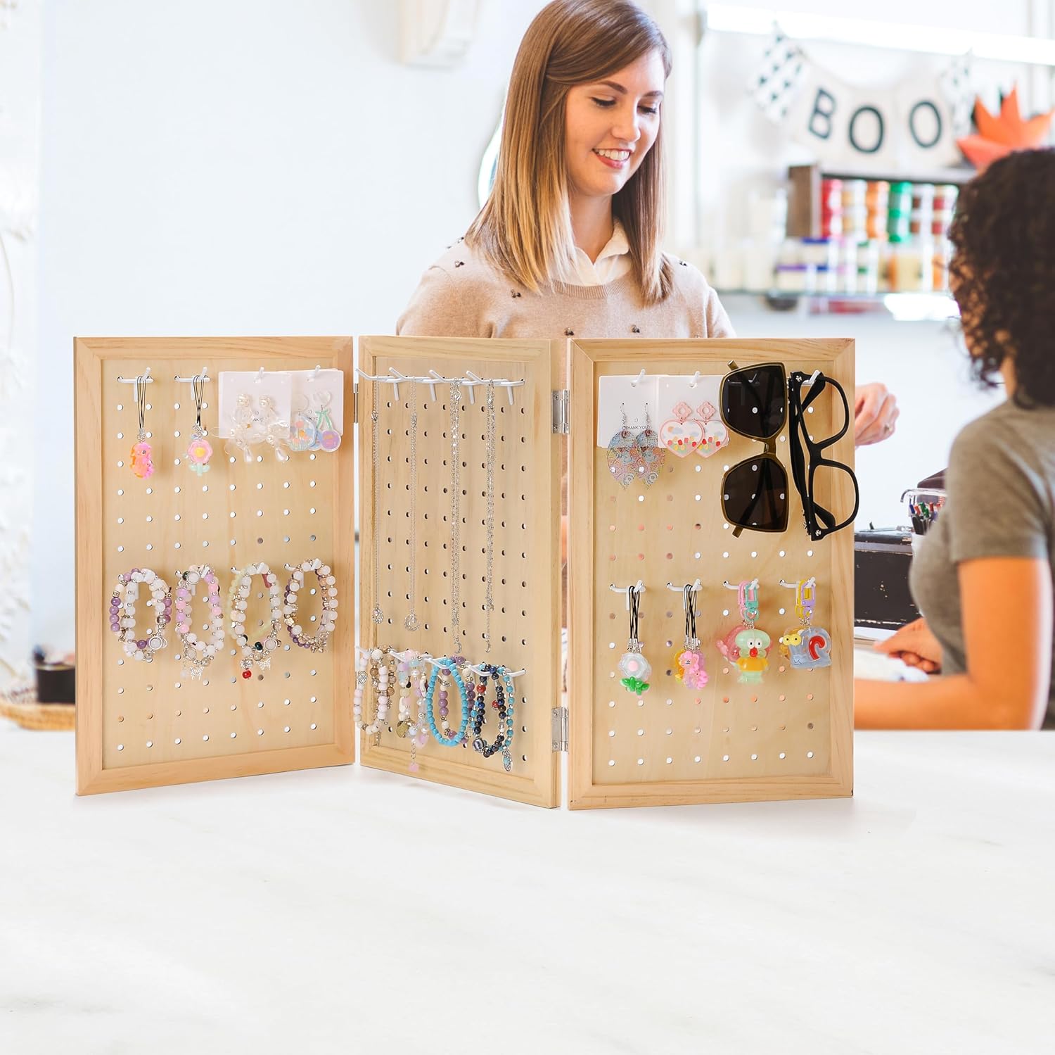 Wooden Foldable and Portable 3-Panel Pegboard Jewelry Display Organizer with 24 Removable White Metal Hooks for Bracelets, Earrings and Keychains, Versatile Countertop Rack for Store