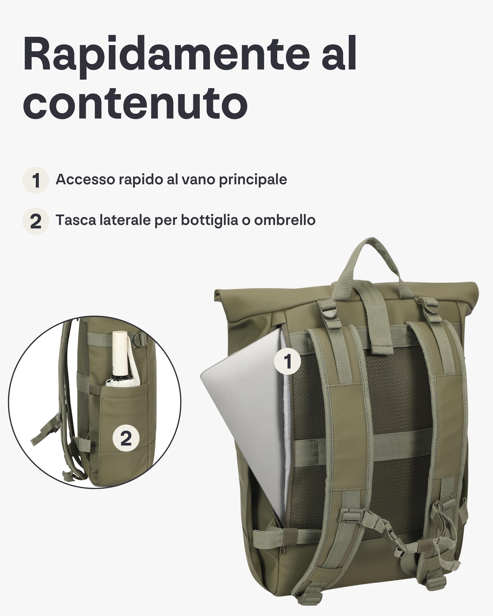 Johnny Urban Zaino Donna Uomo Verde - Harvey Large - Rolltop 21l per Lavoro Viaggi Università Tempo Libero Sport - Serie Sleek - Scomparto per Laptop fino a 16 Pollici
