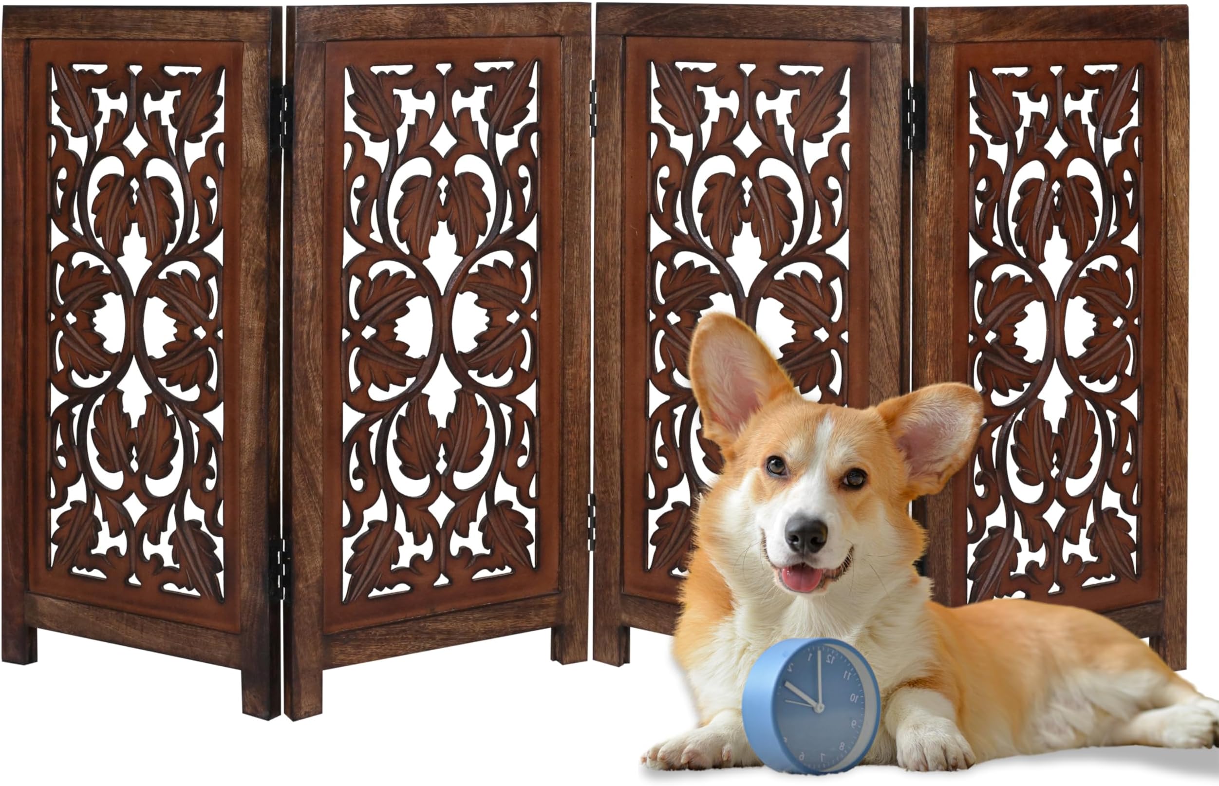 Free Standing Dog Gate – 4 Panel Foldable Wooden pet gate Indoor 56" W x 28" H, Hand-Carved Solid Wood & MDF, Portable Indoor Gate for Doorways, Halls, Stairs – Fully Assembled_Burnt Finish