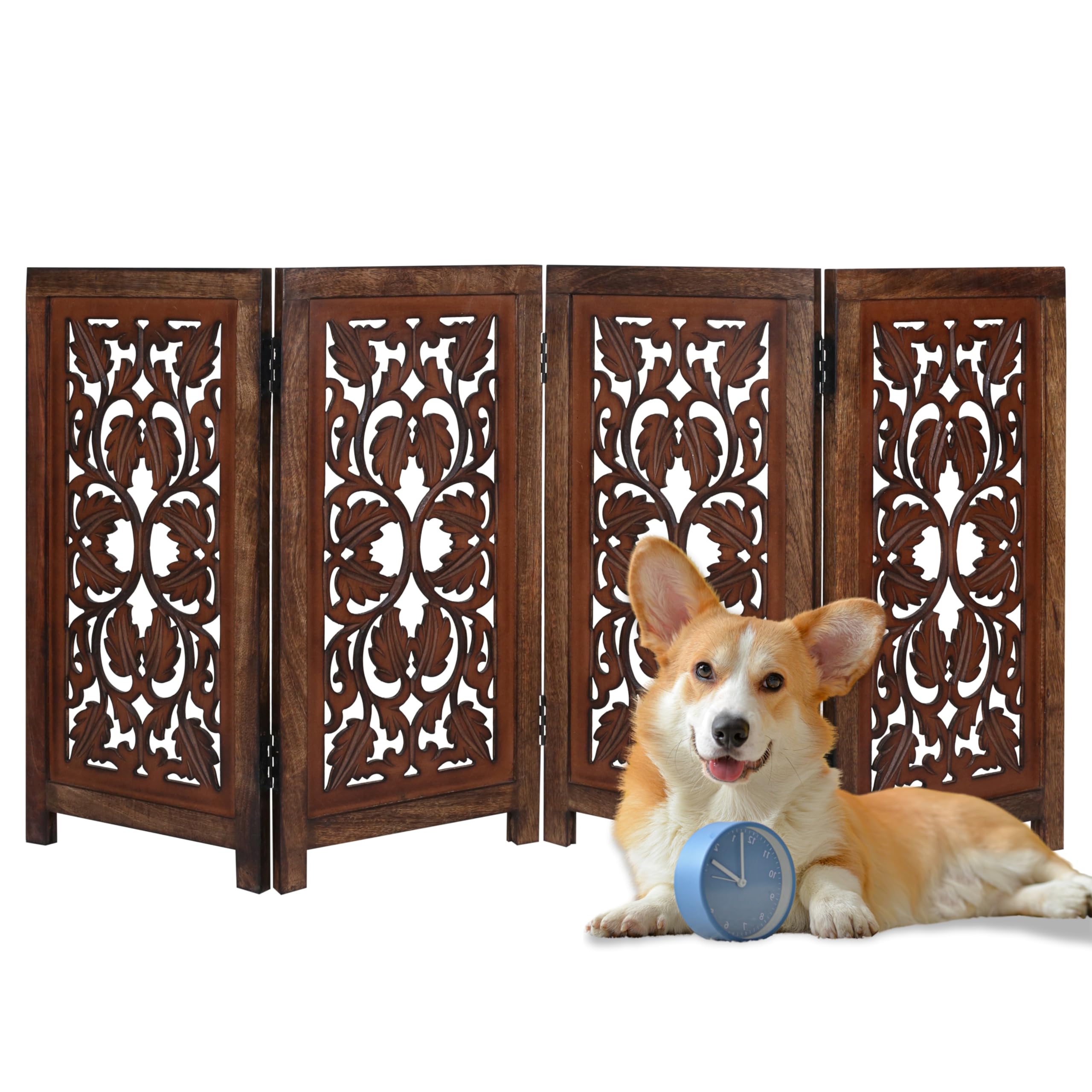 Free Standing Dog Gate – 4 Panel Foldable Wooden pet gate Indoor 56" W x 28" H, Hand-Carved Solid Wood & MDF, Portable Indoor Gate for Doorways, Halls, Stairs – Fully Assembled_Burnt Finish