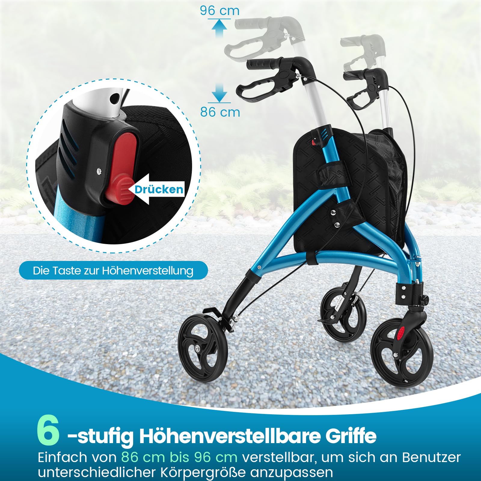 COSTWAY Wózek inwalidzki wąski do wnętrz, trójkołowy, składany, lekki, pomoc w chodzeniu, 6-stopniowa regulacja wysokości, stojak do chodzenia z torbą i hamulcem, aluminiowa rama, składany, dla osób