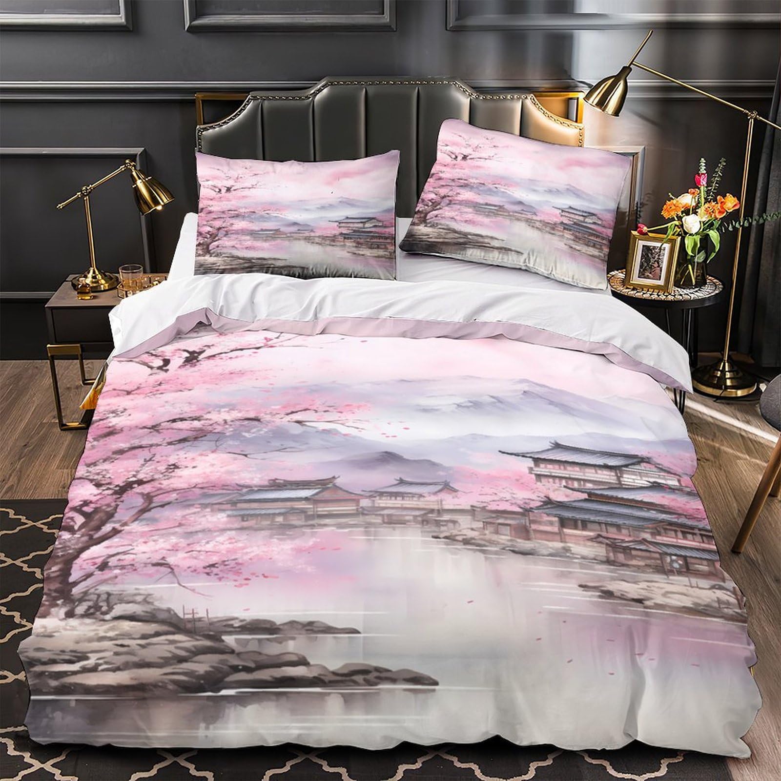Housse de couette fleurs de cerisier imprimé 3D microfibre de luxe ultra douce