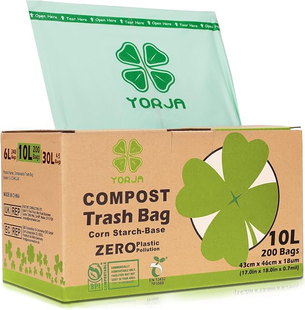 YORJA 10L Compost Caddy Liners 200 Bags, 100% Biodegradable Kitchen Bin Bags for Food Waste with Europe EN13432 & US BPI Certified