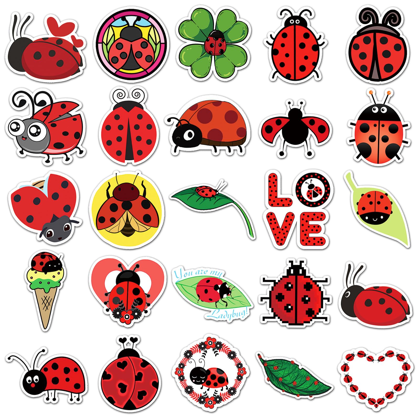 50 Pcs Cute Ladybug Stickers - Waterproof Vinyl Ladybug Decals with Love/Fruit Motifs for Skateboard, Laptop, Fridge & Luggage (Assorted Adorable Ladybug Designs)(Ladybug)