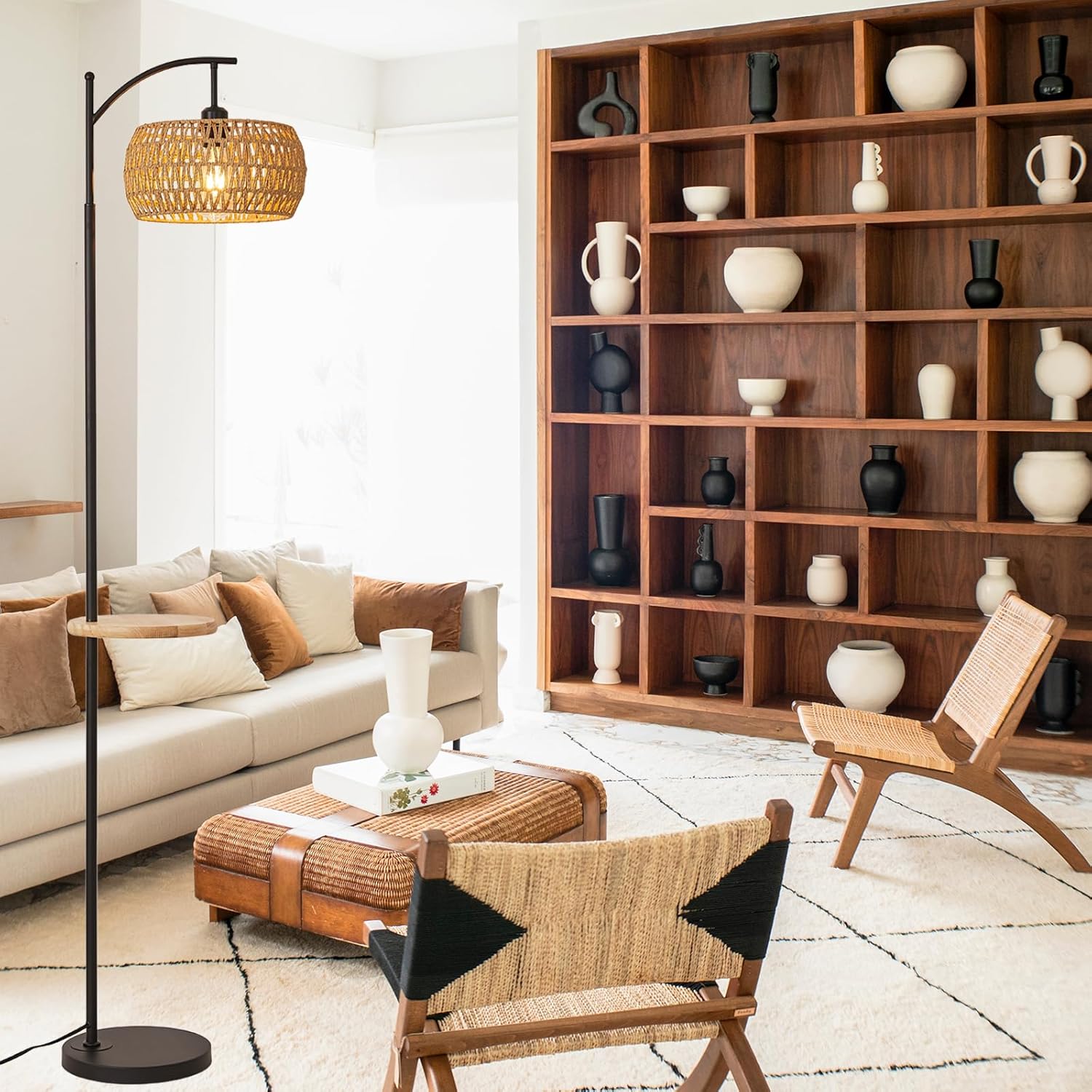 Boho Floor Lamp, Rattan Floor Lamp with Shelf, Bohemian Bamboo Wicker Coastal Rustic Farmhouse Woven Tropical Wood Tall Standing Lamp with Table for Living Room Bedroom