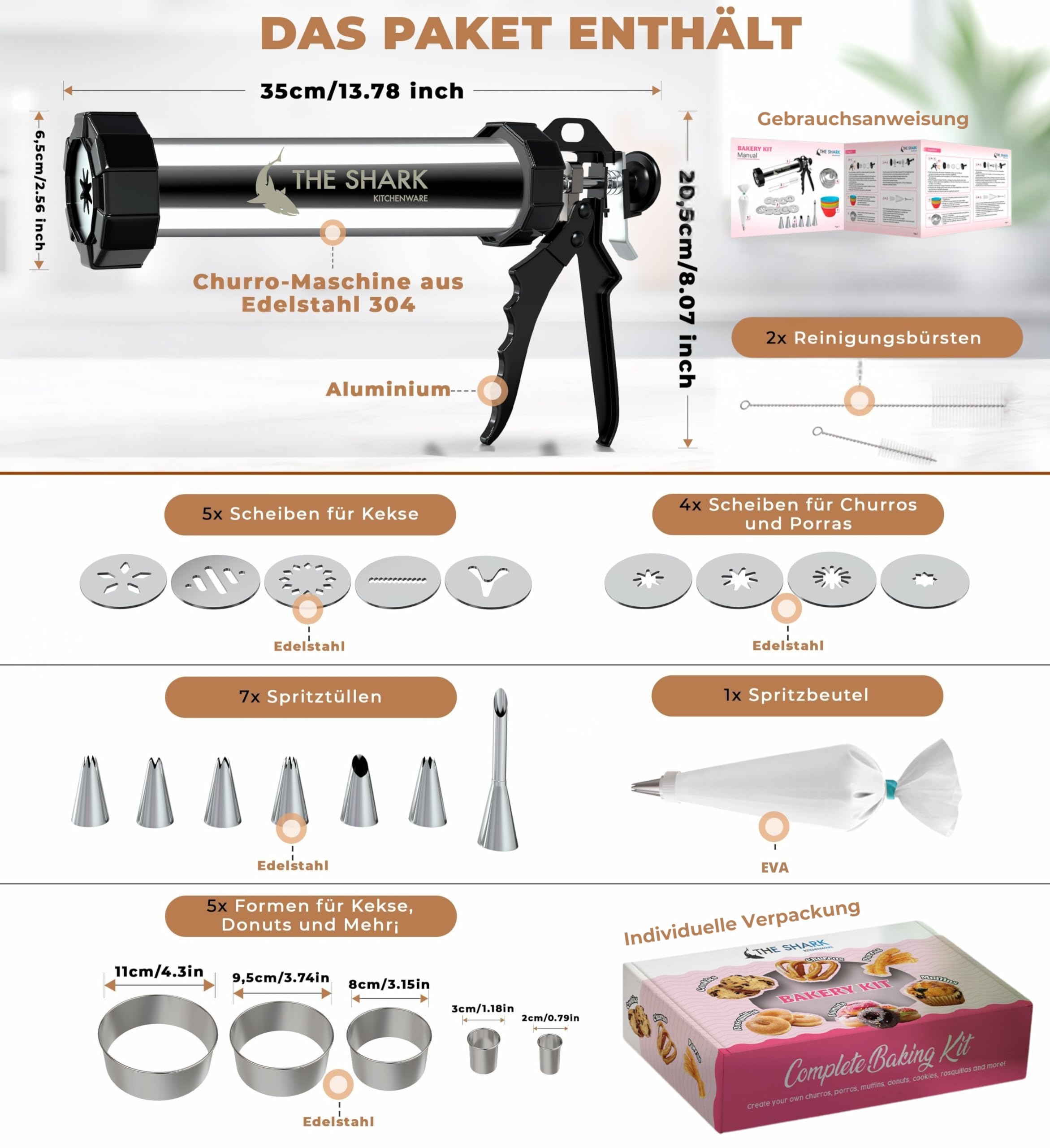 Churros Maker & Spritzgebäck Maschine – 304 Edelstahl, Große Kapazität, Leicht zu Reinigen & Langlebig – Ideal für Familien, Hobbybäcker & Profis – Perfekte Gebäckpresse für Spritzgebäck & Churros