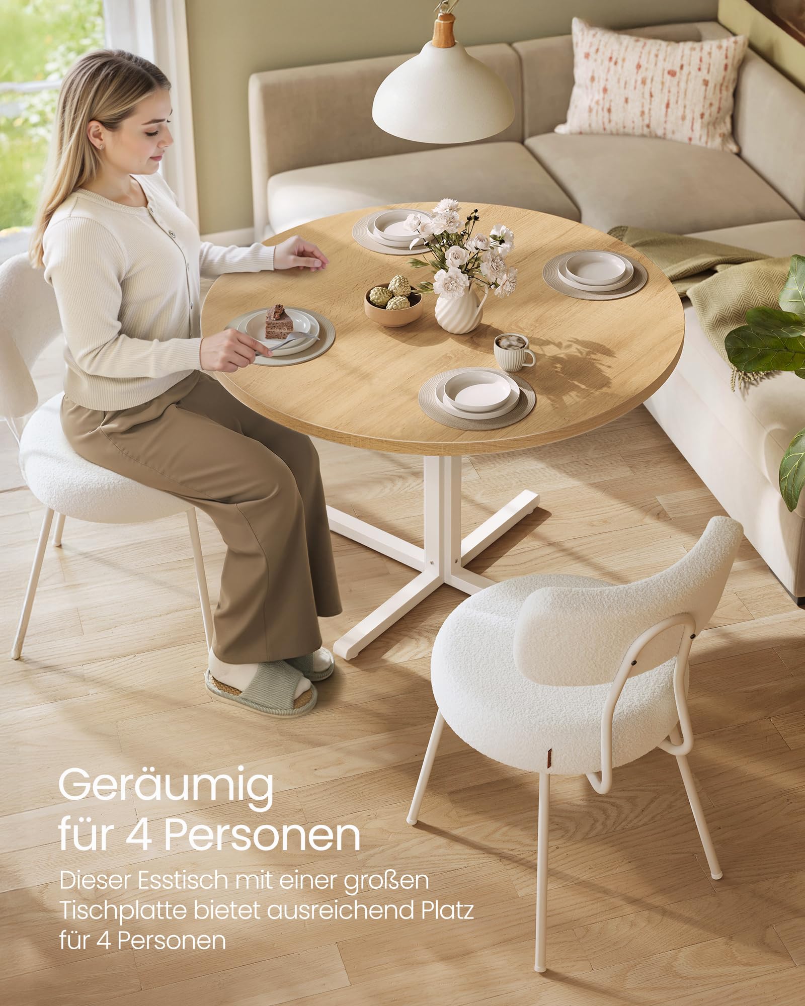 VASAGLE Esstisch rund, Esszimmertisch, klein Küchentisch für 4 Personen, Landhausstil, wasserresistente Oberfläche, 80 cm d, 74,8 cm H, für Esszimmer, Wohnzimmer, goldeichenfarben KDT082Y02