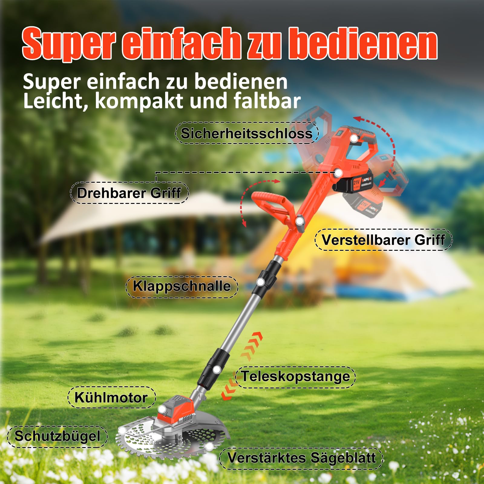 21V Rasentrimmer mit Akku, 3 in 1 Rasenkantenschneider mit Unkrautbürste, Faltbar Elektrischer Motorsense, Freischneider mit 3 Verschiedenen Klingen für Rasenschneiden Rasenpflege (Rot-1)