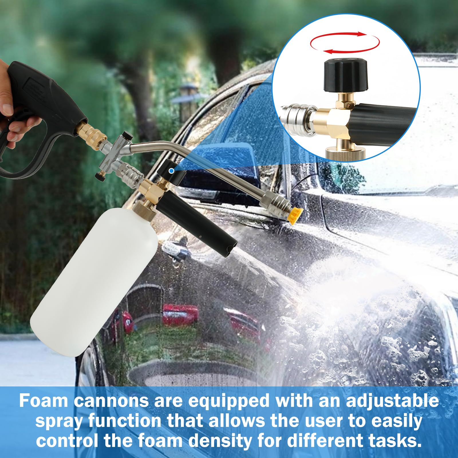 Cañón de espuma para lavadora a presión con conector dual, diseño inteligente de doble cabeza, densidad de espuma ajustable, 5 boquillas pulverizadoras de lavadora eléctrica, kit de lavado de coche