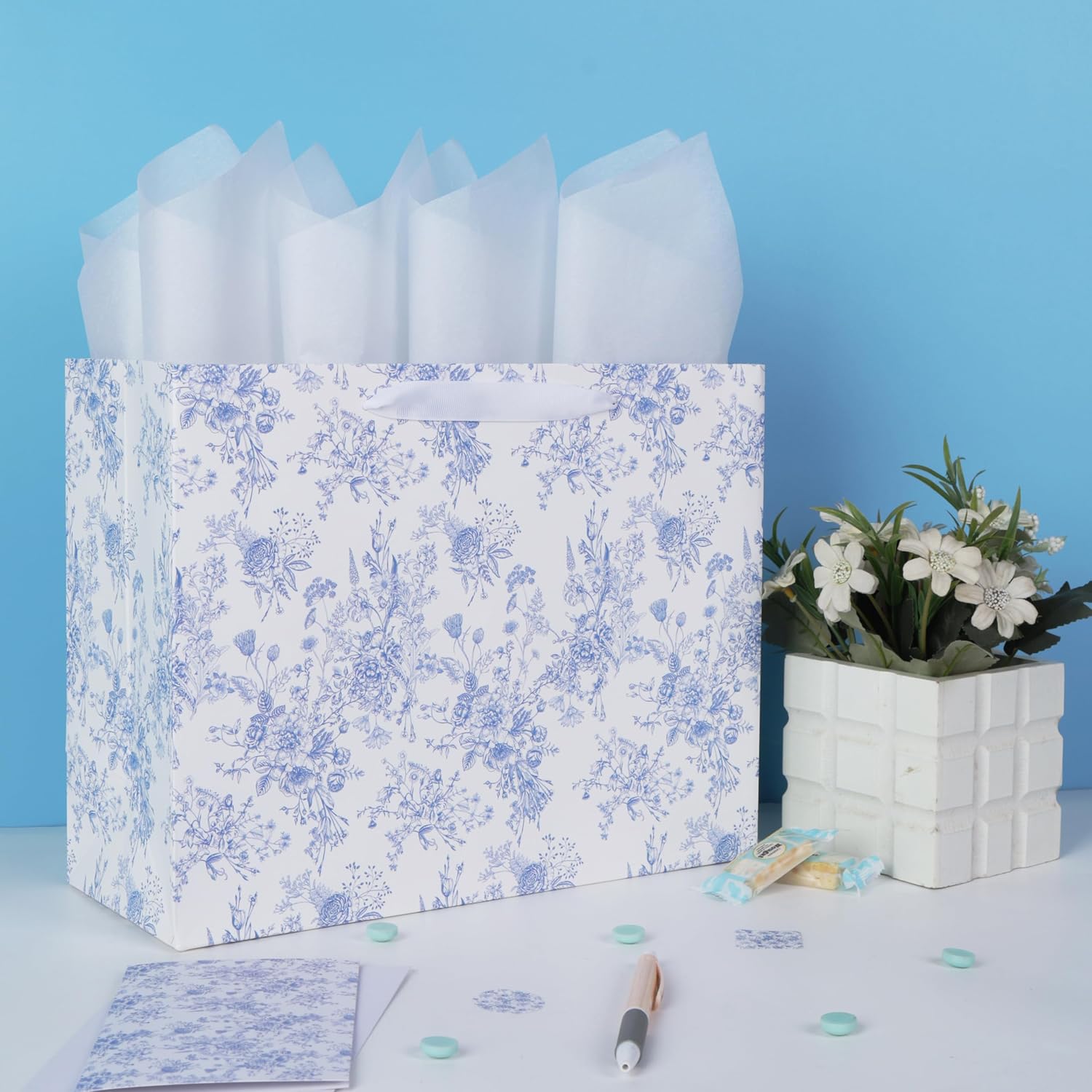 13'' Large Blue Floral Gift Bag Set with Handles, Greeting Card, White Tissue Papers and Stickers for Women Girls for Birthdays, Mother's Day, Baby shower, Valentine's Day, Bridal, Weddings, Flowers Design, 1 Pcs