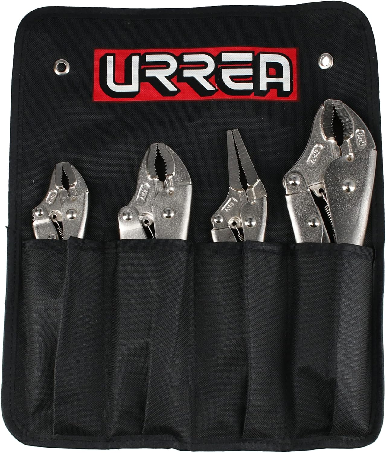 URREA Locking Pliers Set - 4-Piece Adjustable Plier Tool Roll with 5-Inch, 7-Inch & 10-Inch Curved Jaw Pliers & 6.5-Inch Long Nose Pliers - 2700LP
