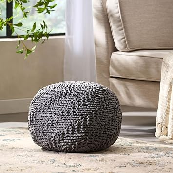 Handcrafted Knitted Cotton Round Pouf - 20x20, Modern Design, Soft and Comfortable, No Assembly, Home Decor, Knit Ottoman, Boho Floor Pouf for Living Knitted Pouf - Dark Gray