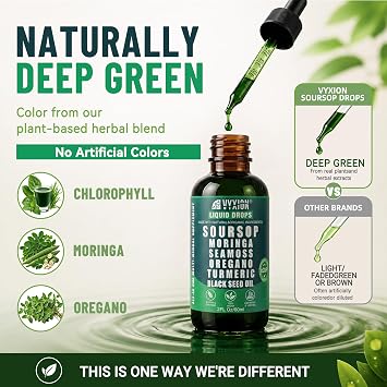 Vyxion Soursop Bitters Liquid Drops 10 in 1 with Sea Moss, Moringa, Turmeric, Black Seed Oil, Oregano, Ashwagandha | Herbal Extracts for Overall Health-Enhancing | Vegan, Non-GMO | 2 Fl Oz