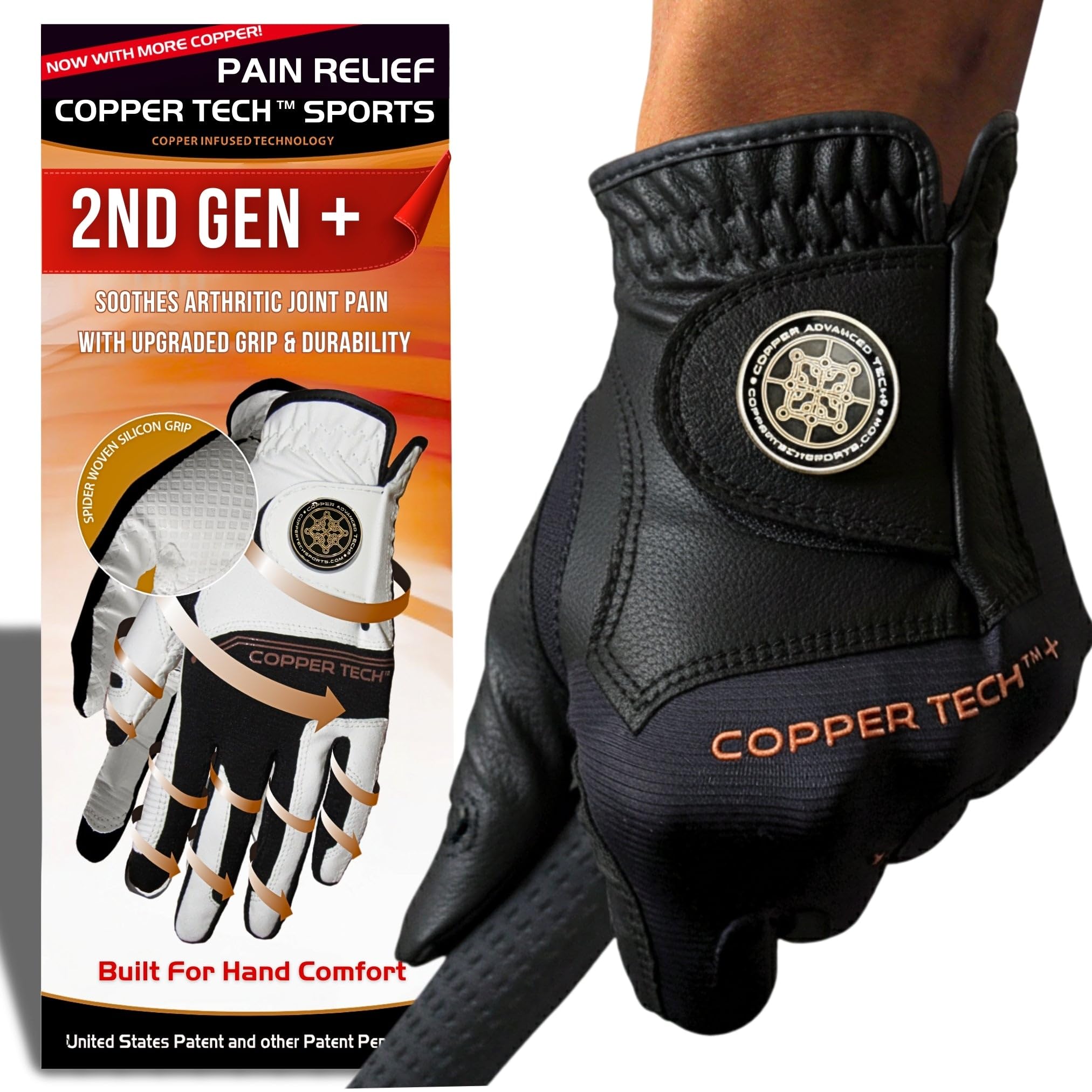 Copper Tech Golf Gloves Men Right Handed Golfer or Left Handed Golfer (2nd Gen) | Copper Compression Joint Support | Flexible & Comfortable Fit with Premium Leather | Tacky Reinforced Palm Pad Grip
