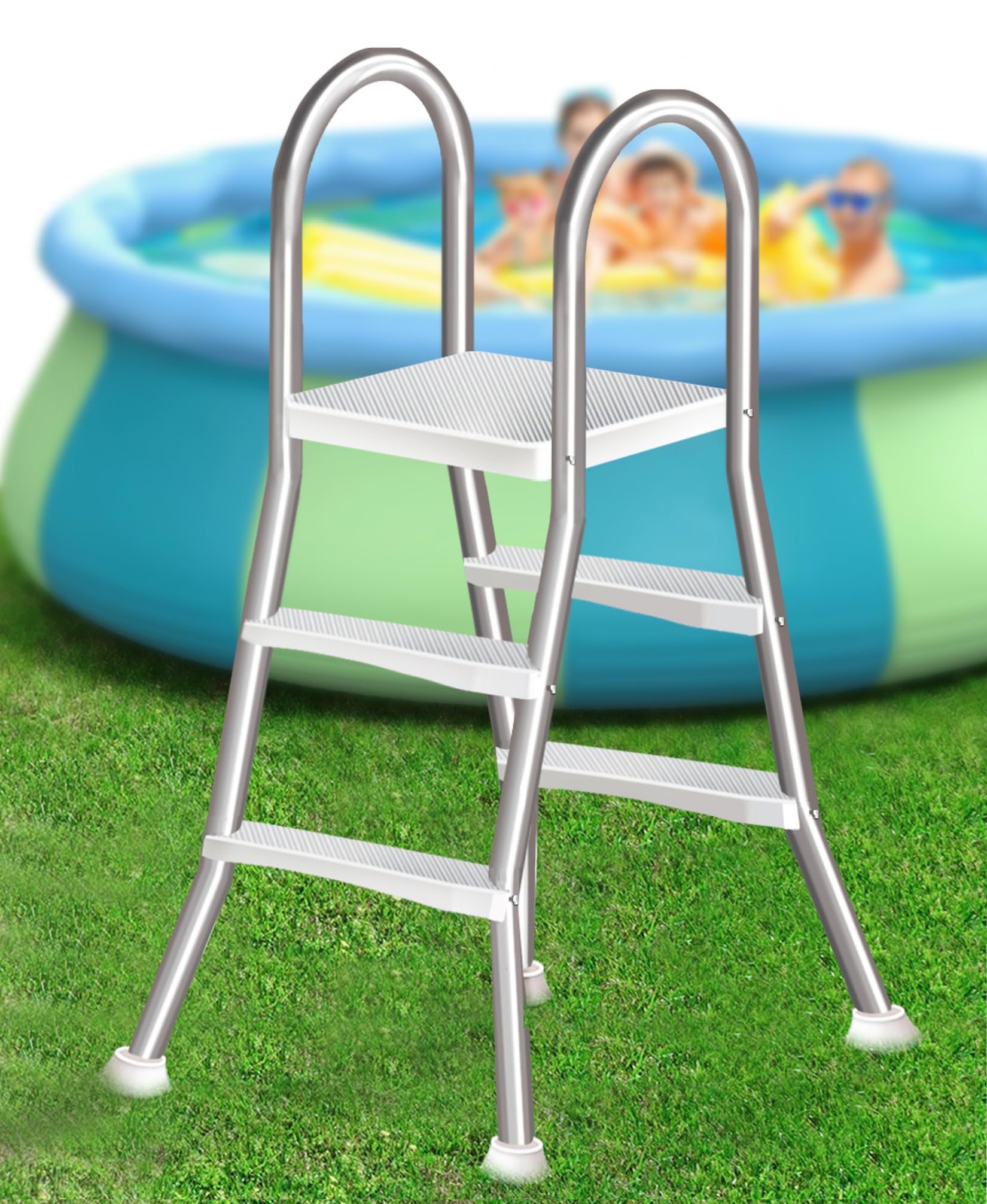 Escalera de Acero Inoxidable de 4 Peldaños para Piscinas Elevadas con Estructura en Forma, Peldaños Anchos Antideslizantes, Capacidad 250 kg, Aptas para Piscinas de 135 cm