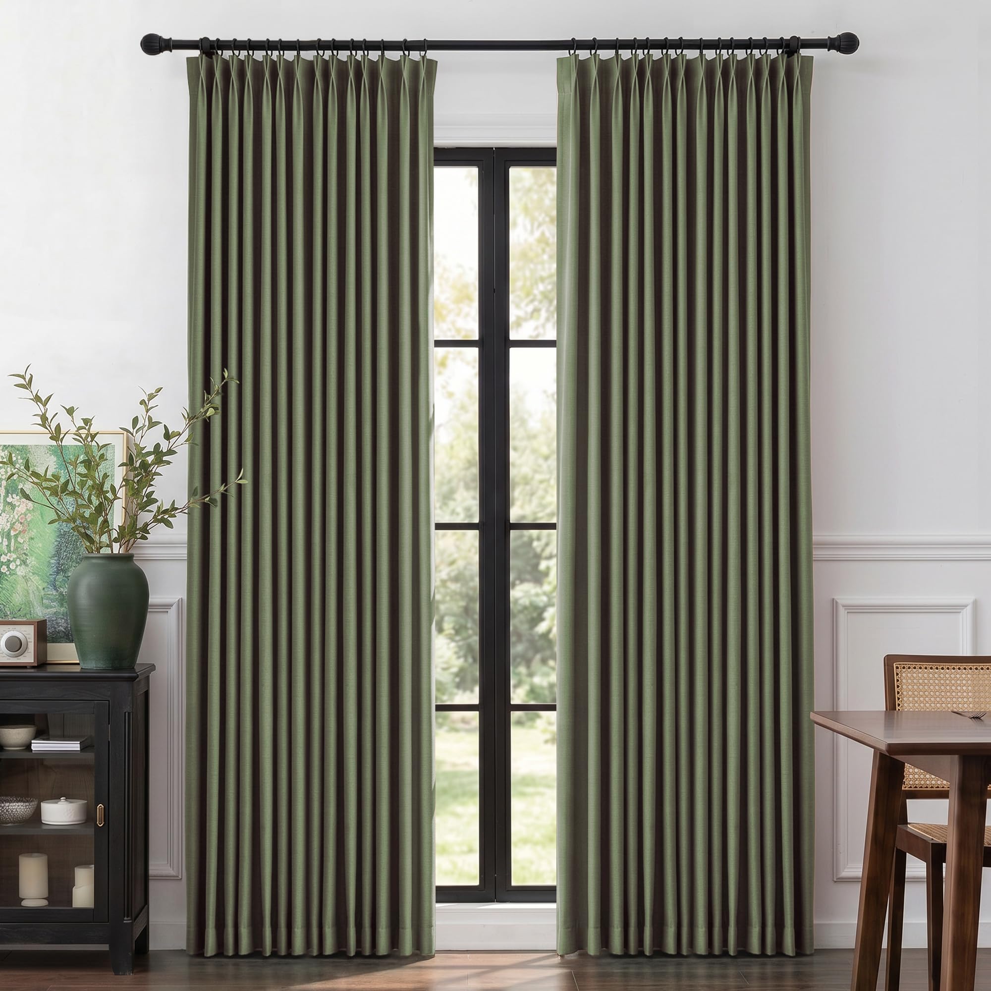 MYSKY HOME Olive Green Linen Pinch Pleated 100% Blackout Curtains 40Wx102L
