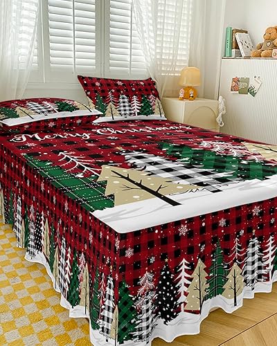 Miniatura 3 de Faldas de cama plisadas envolventes de Navidad para cama King de 78 x 80 pulgadas, sábana decorativa con volantes y falda de cama de 18 pulgadas con