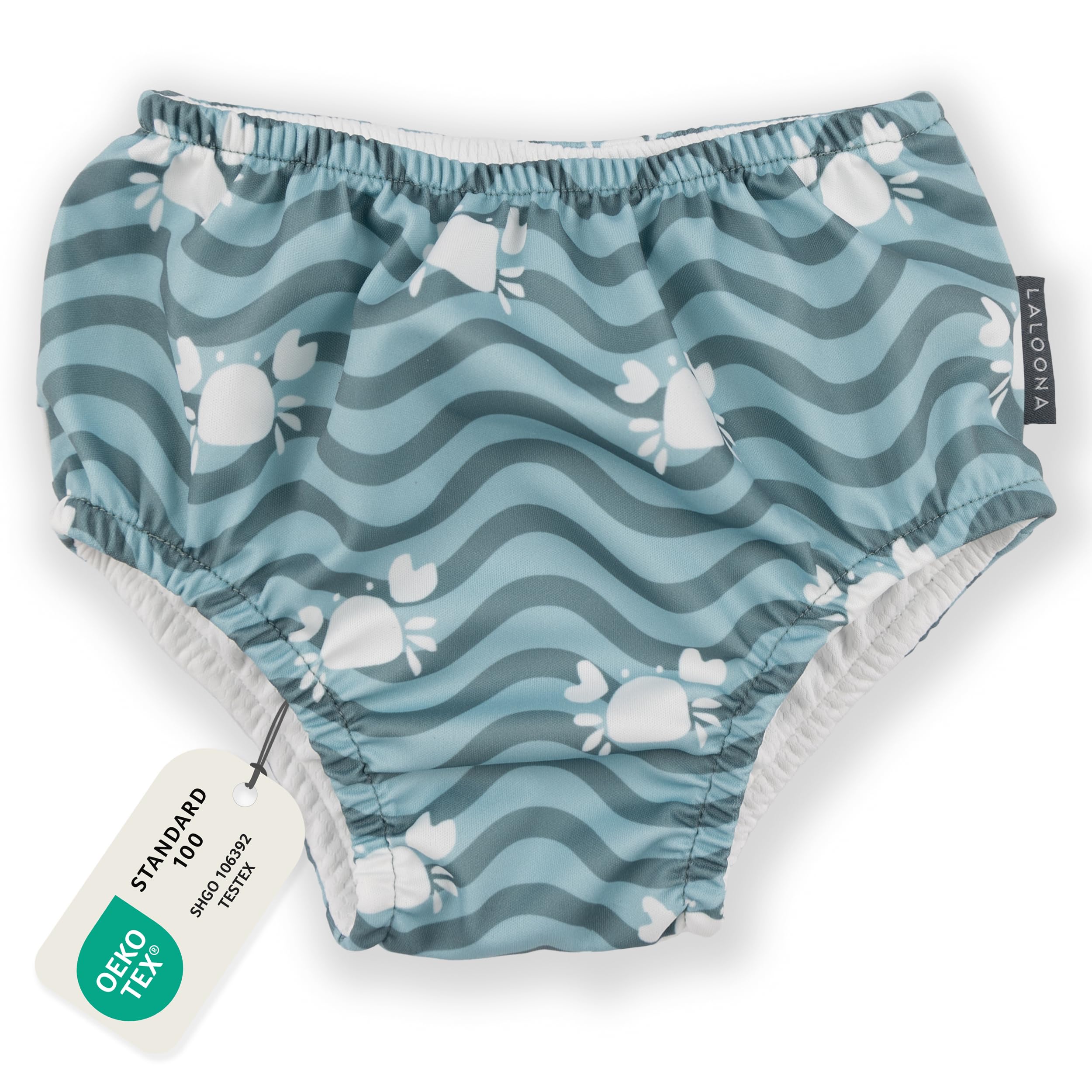 LaLoona Baby Schwimmwindel | Wiederverwendbare Badewindel mit OEKOTEX Standard 100 | schnelltrocknend & bequem für Pool und Strand – Krabbe Grün - 86-92