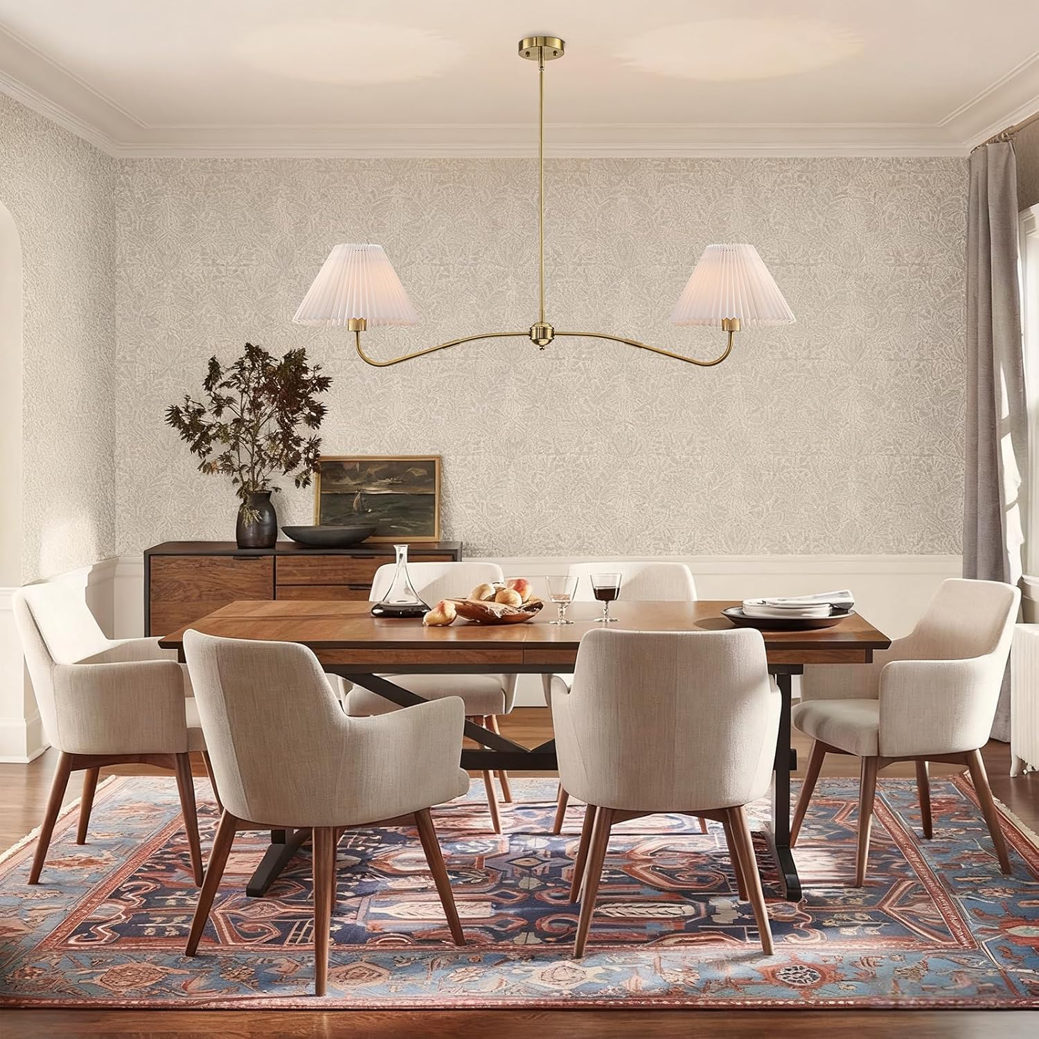 47’’ Linear Chandelier for Kitchen Island, 2-Light Modern Linear Dining Room Light Fixture, Classic Gold Linear Chandeliers with White Pleated Fabric Shades for Restaurant Over Table